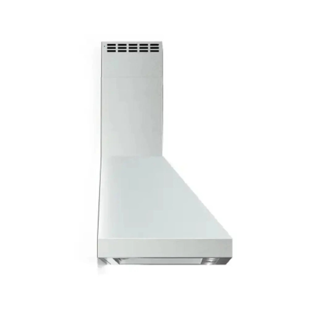 Stainless steel chimney wall range hood with top vent grilles and curved chimney