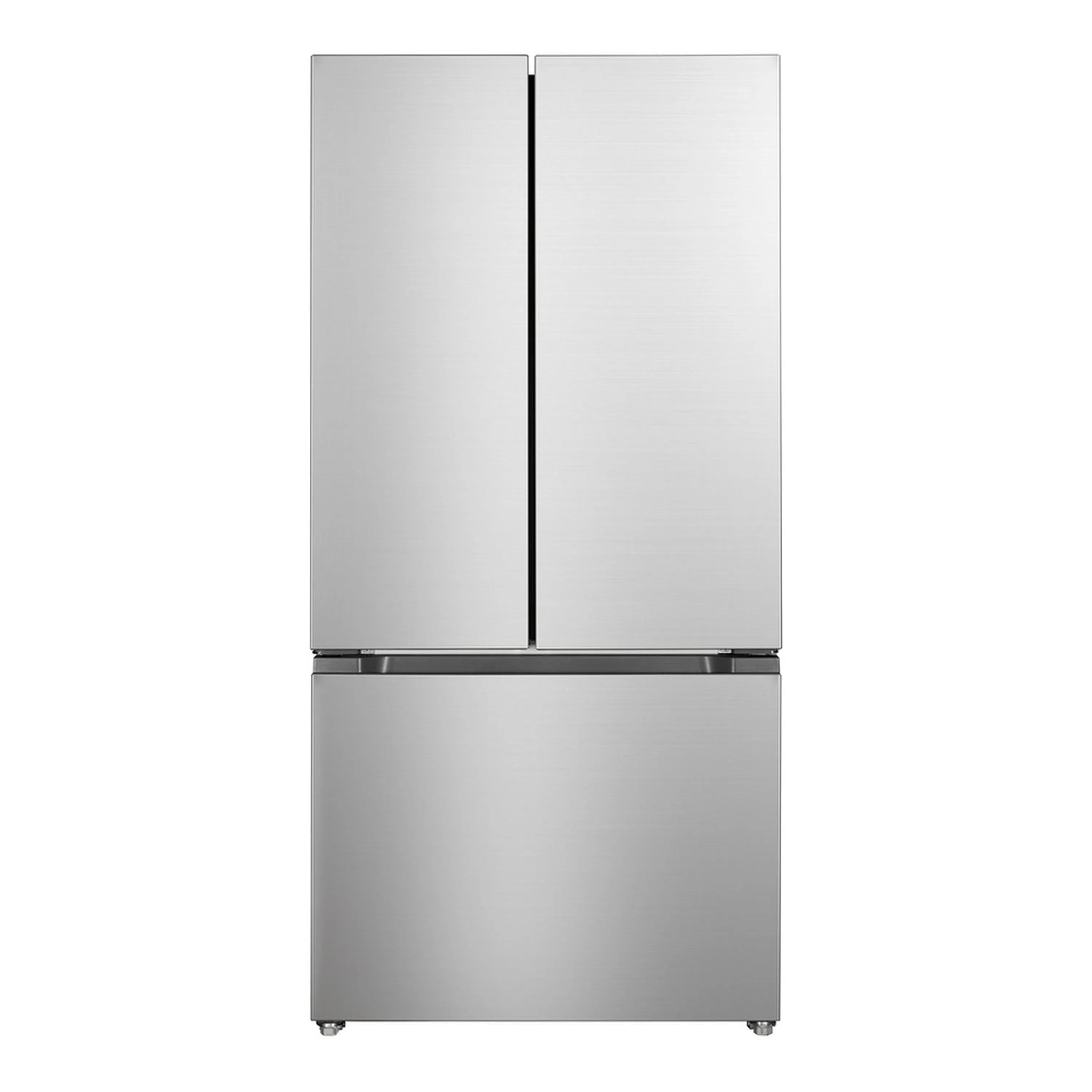 Stainless steel freestanding French door refrigerator with recessed handle