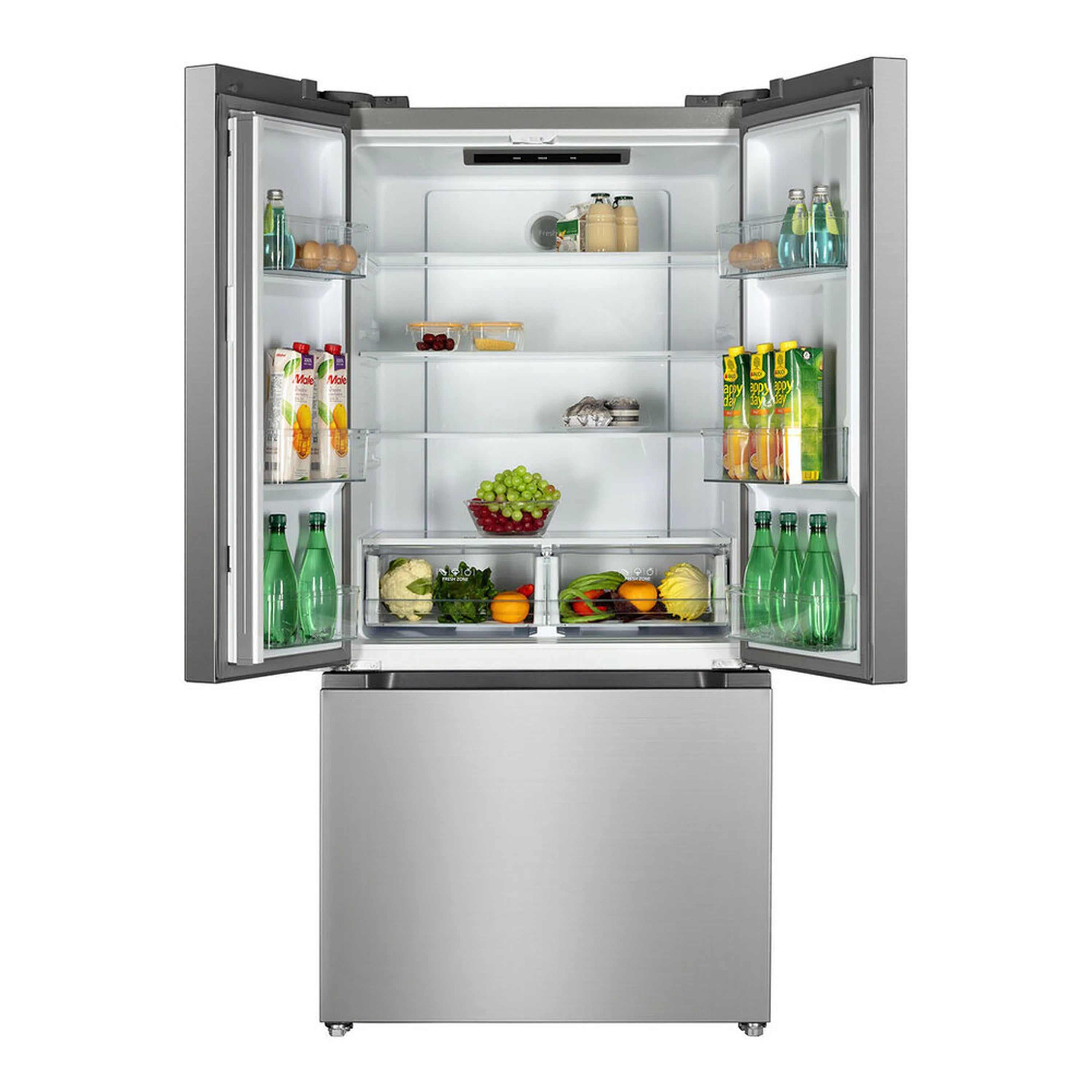 Stainless steel French door refrigerator open to reveal interior shelves and bins