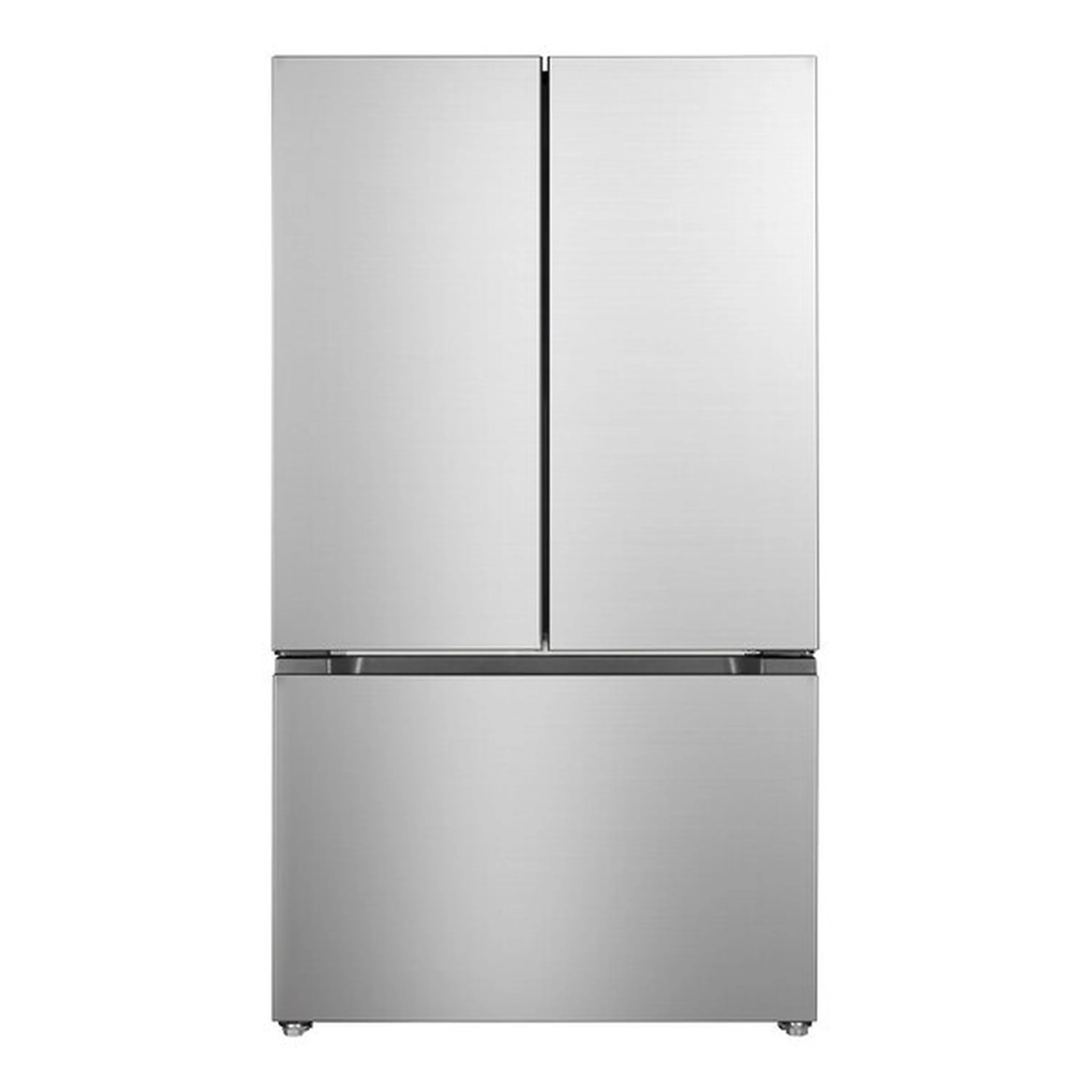 Stainless steel French door refrigerator with lower freezer and recessed handle