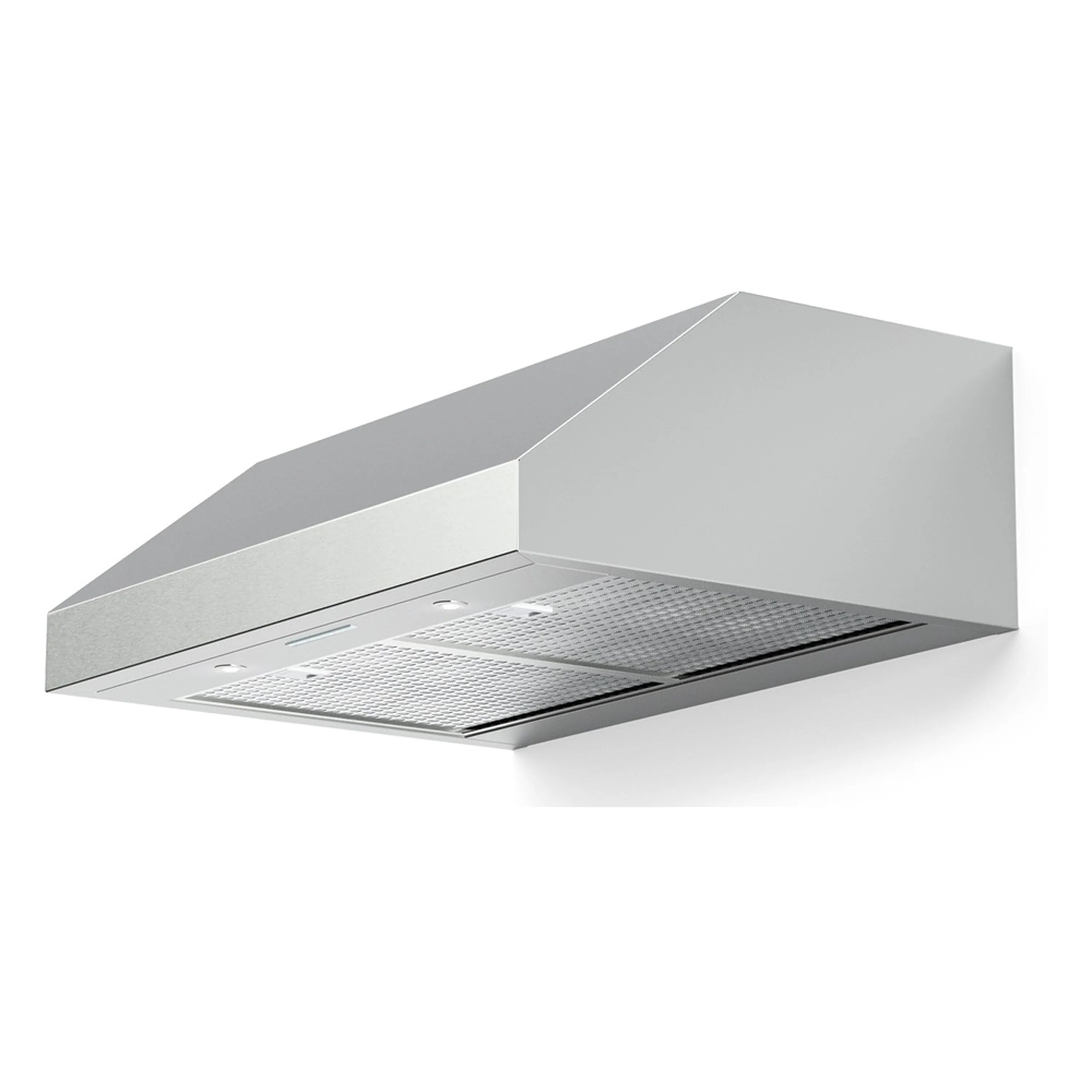 Stainless steel under-cabinet range hood with angled chimney and two mesh filters