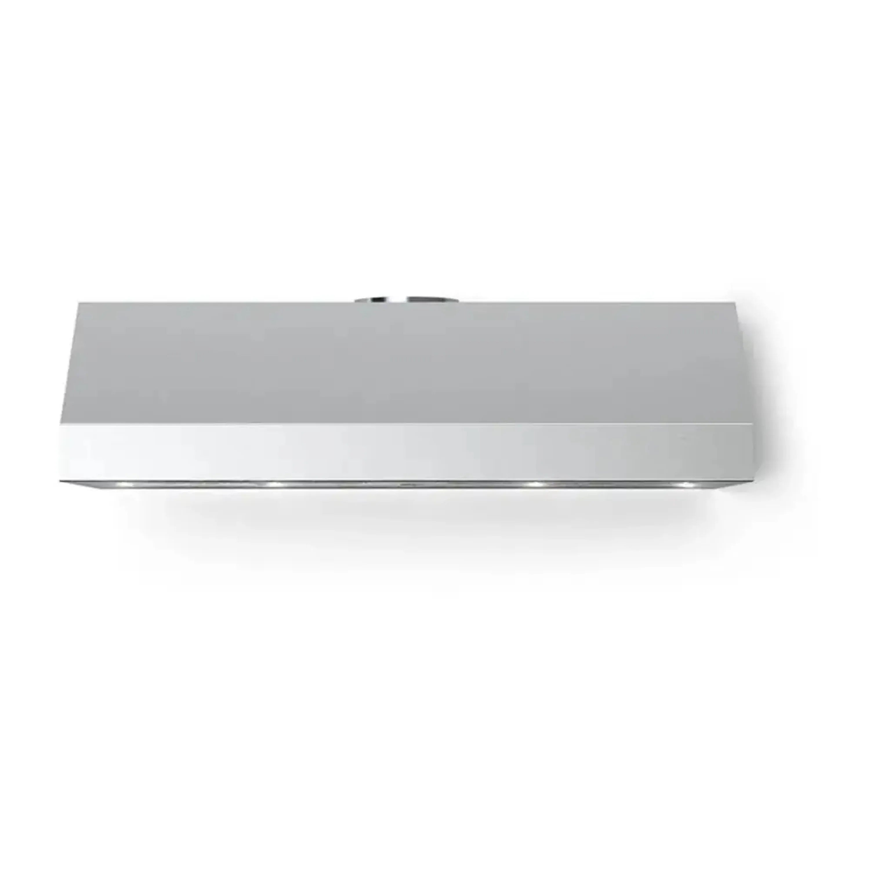 Stainless steel under-cabinet range hood side view with slim control area
