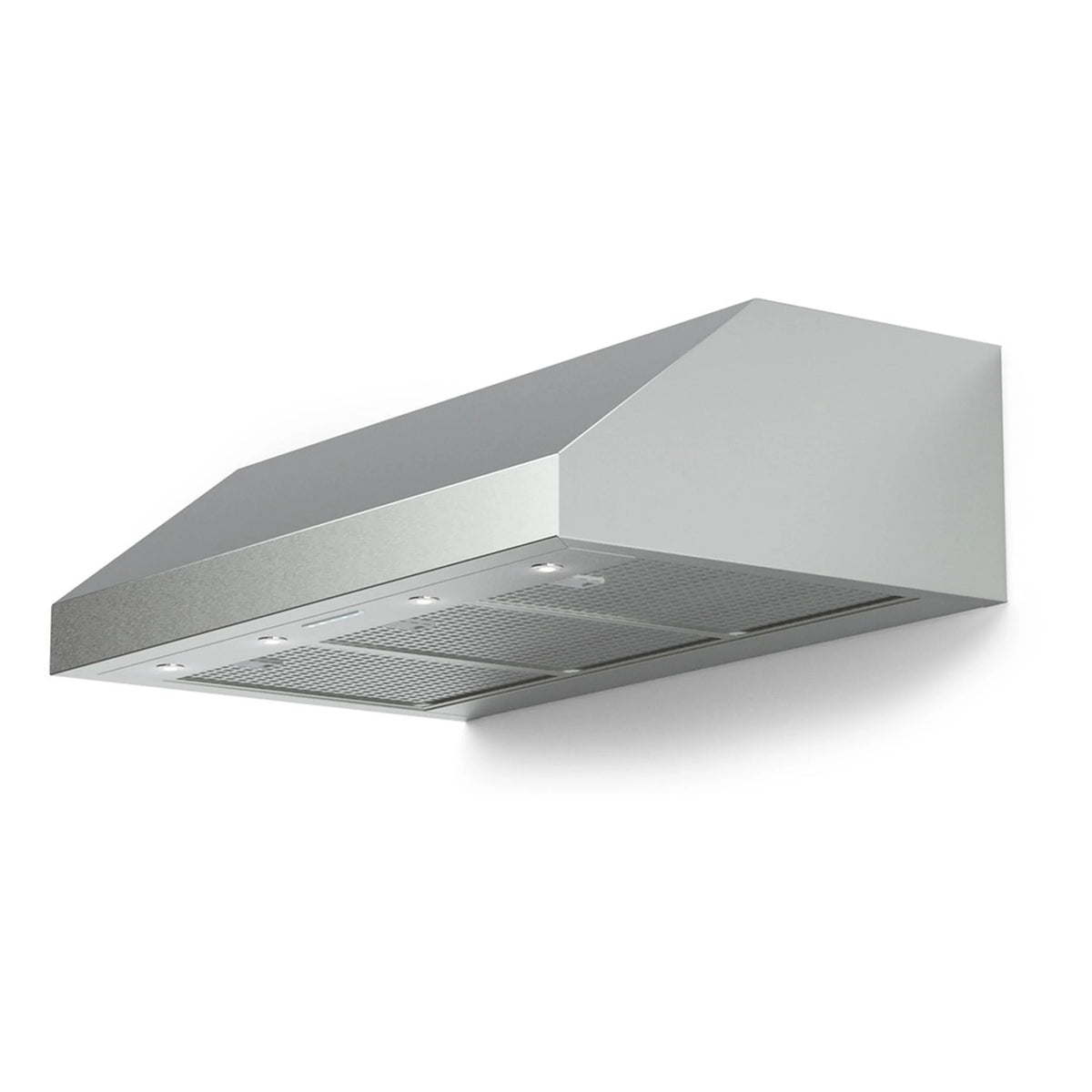 Under-cabinet range hood angled view with mesh vent filter and lights