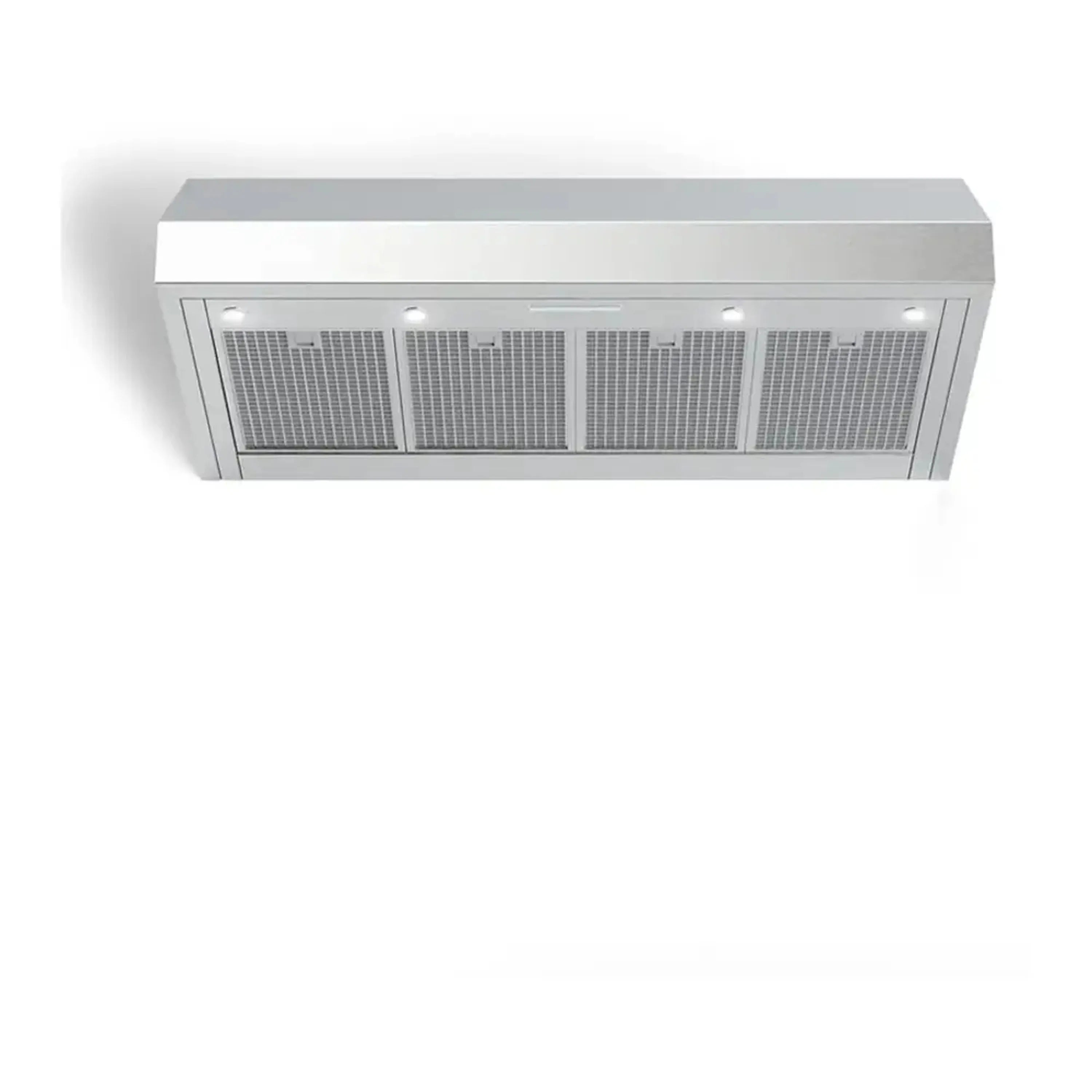 Stainless steel under-cabinet range hood front panel with four mesh filter grilles