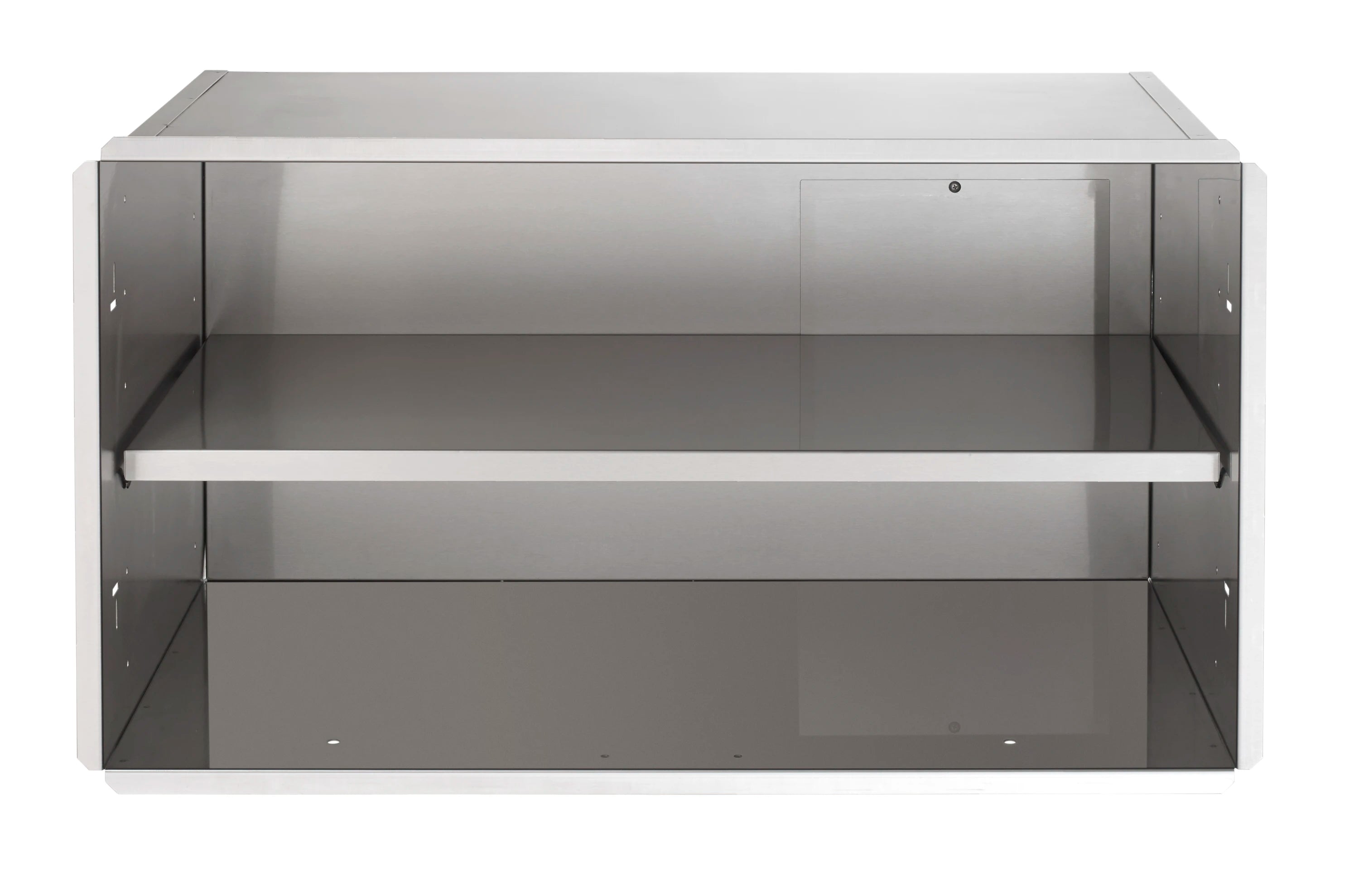 Gray metal enclosure cabinet with open front and long interior shelf