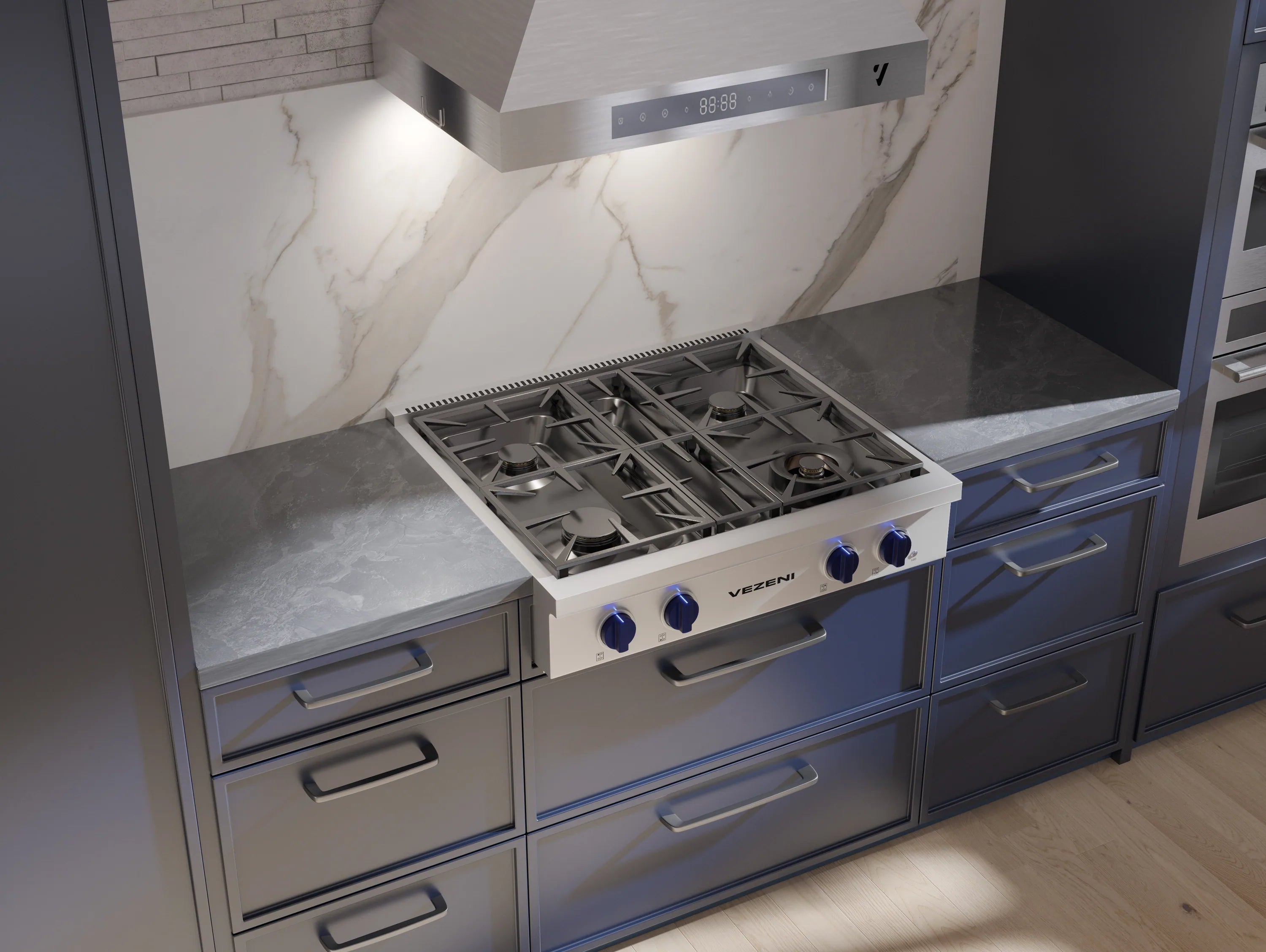 Stainless gas rangetop with blue knobs, four burners, and cast-iron pan supports