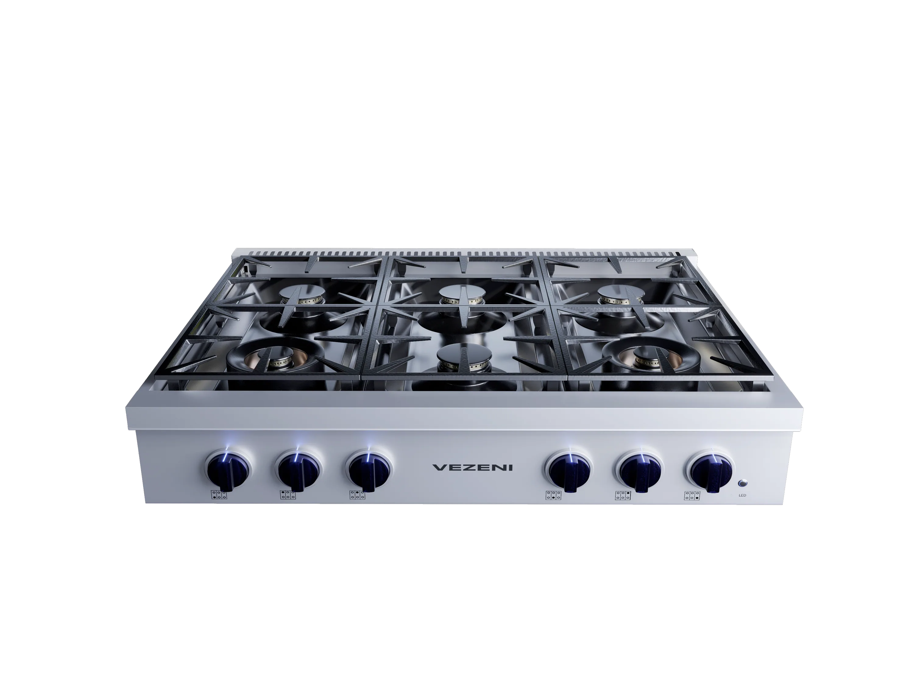 Stainless gas cooktop with four burners and black grates plus blue front knobs
