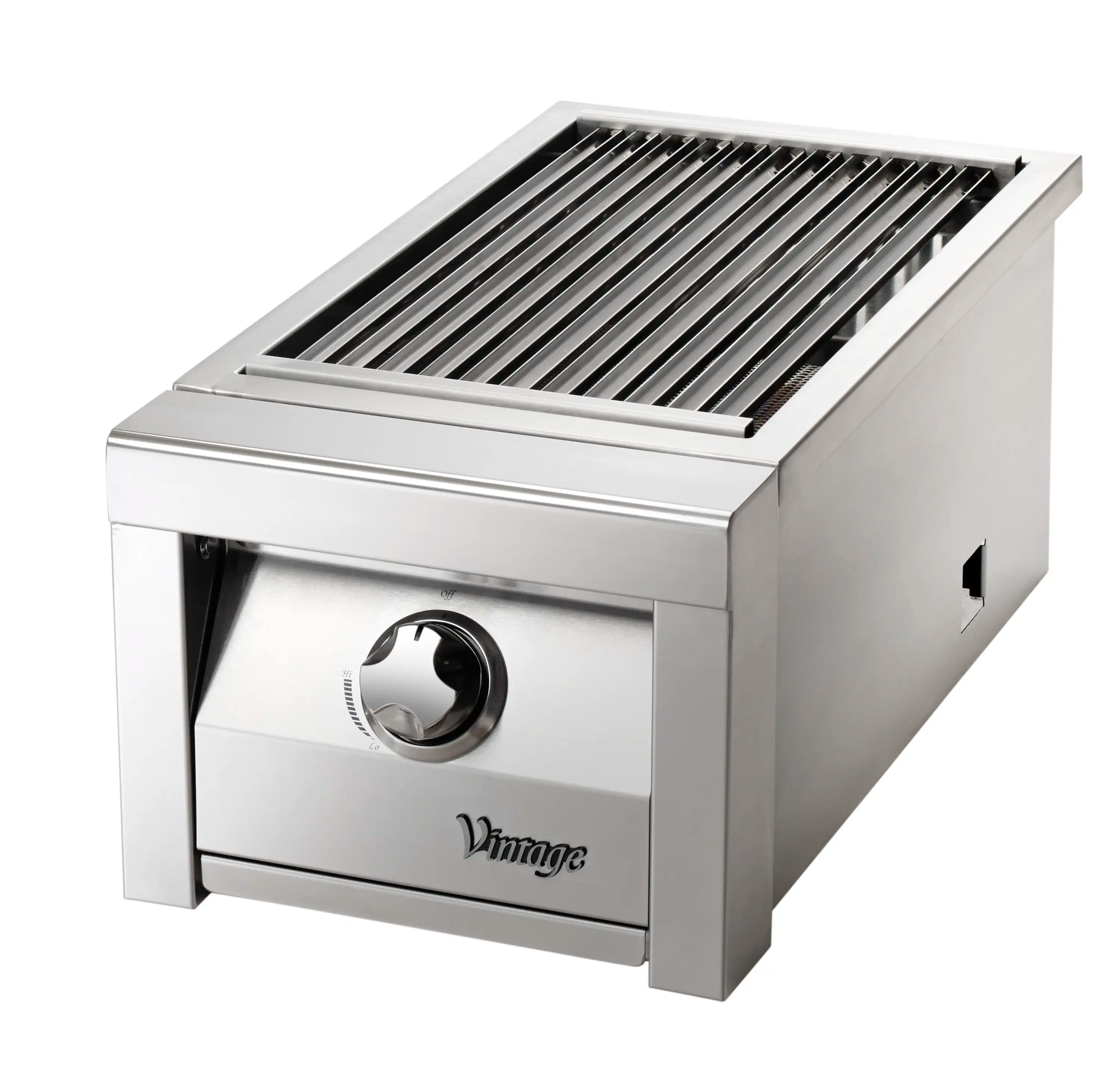 Stainless steel side sear burner with control knob and open grill grates