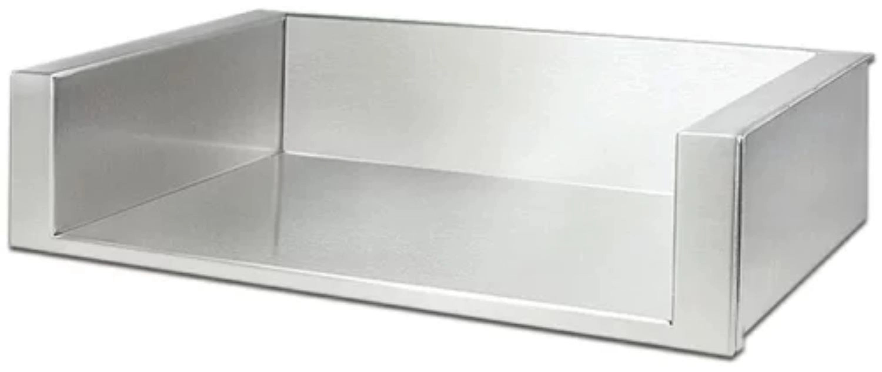 Open rectangular metal case with wide base and smooth interior