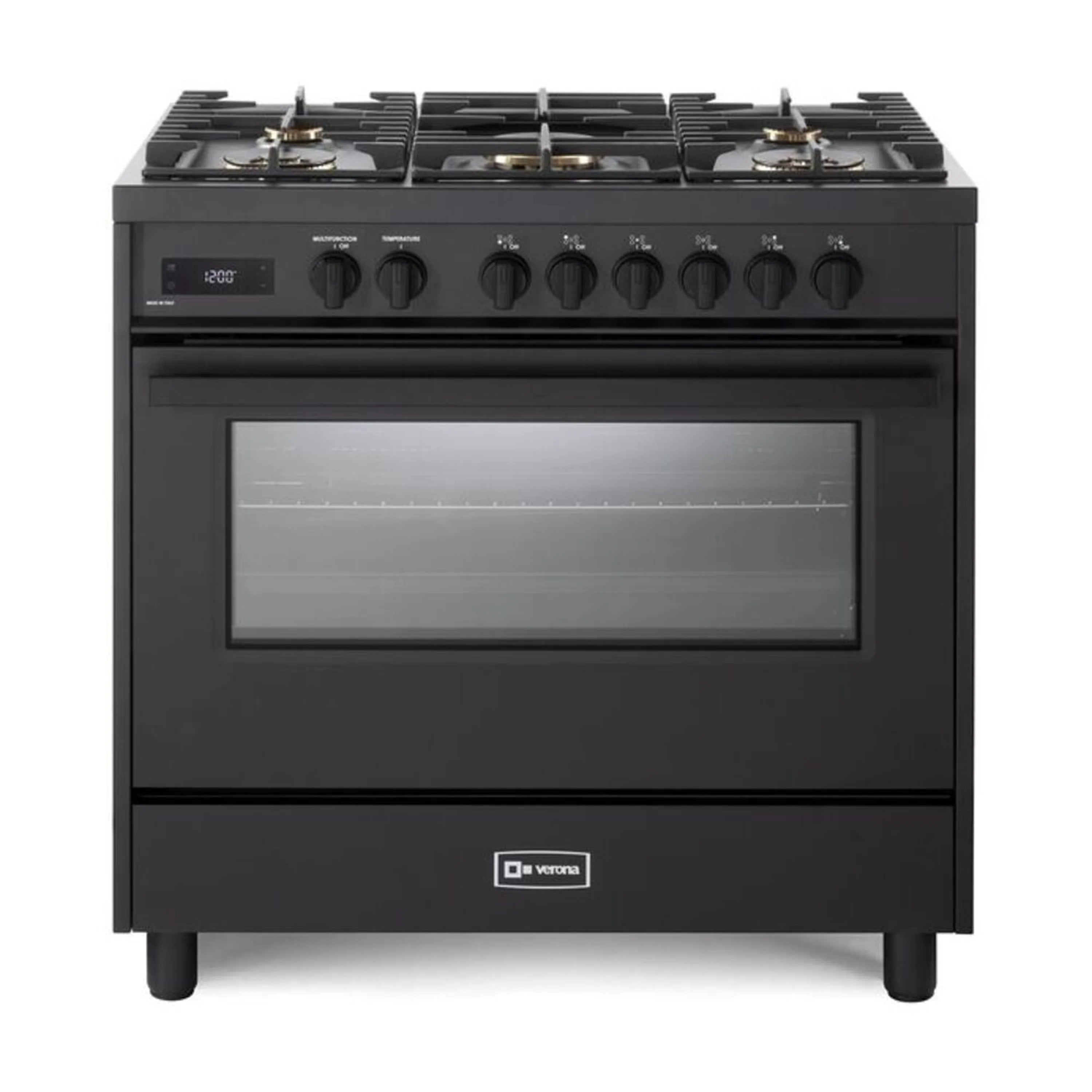 Matte black 36-inch dual fuel range with five sealed gas burners and oven door