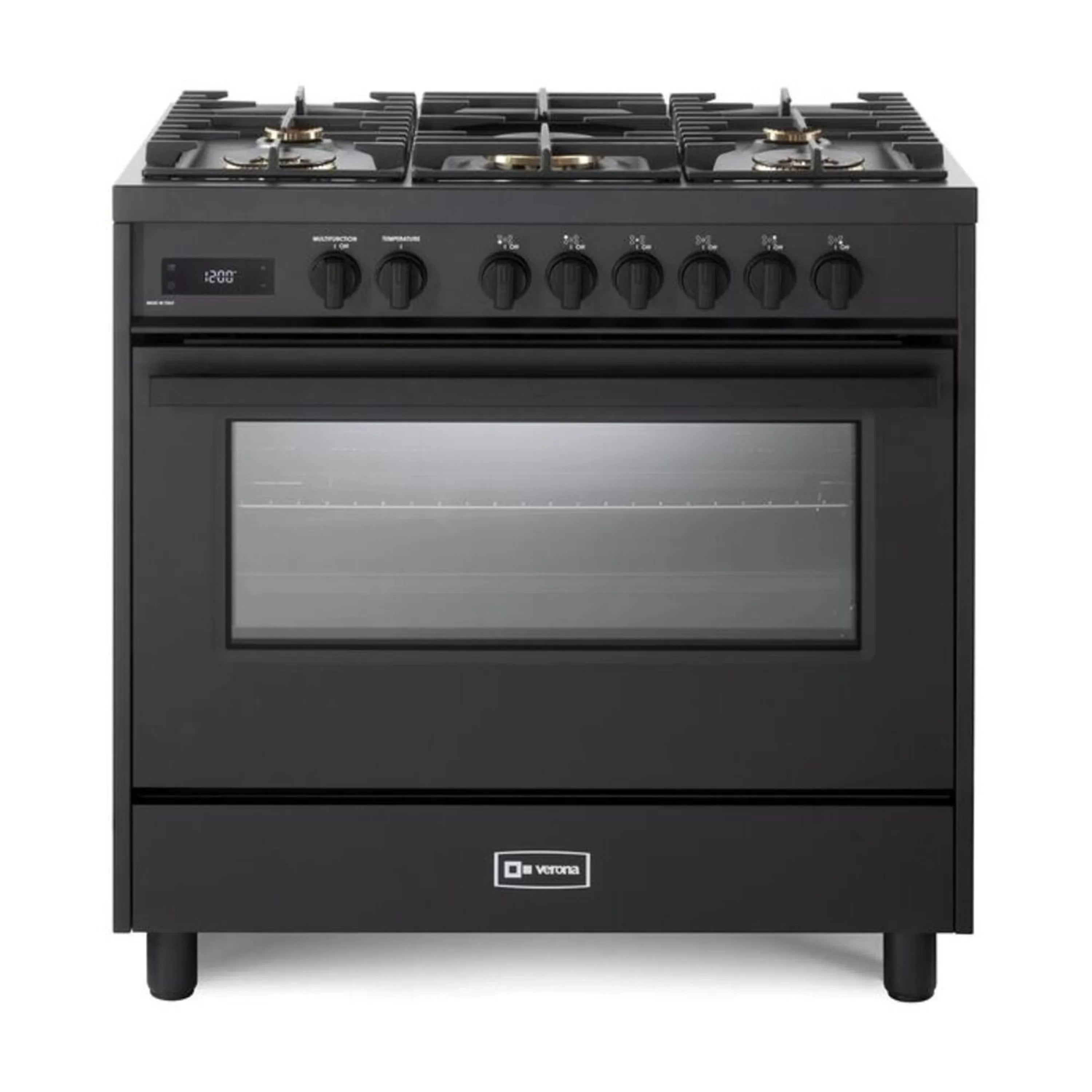 Black 36-inch dual fuel range with 5 sealed burners and glass oven door