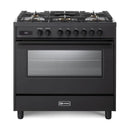 Verona 2-Piece Appliance Package - 36-Inch Dual Fuel Range with 5 Sealed Burners and Wall Mount Range Hood in Black