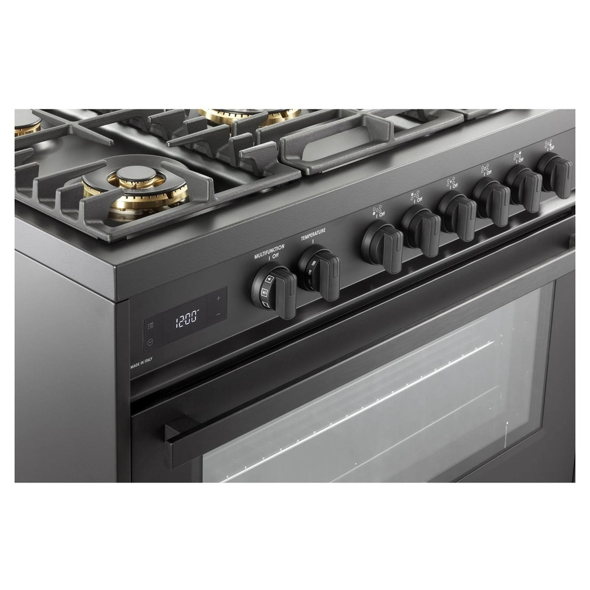 Matte black oven front with burner knobs and digital temperature display