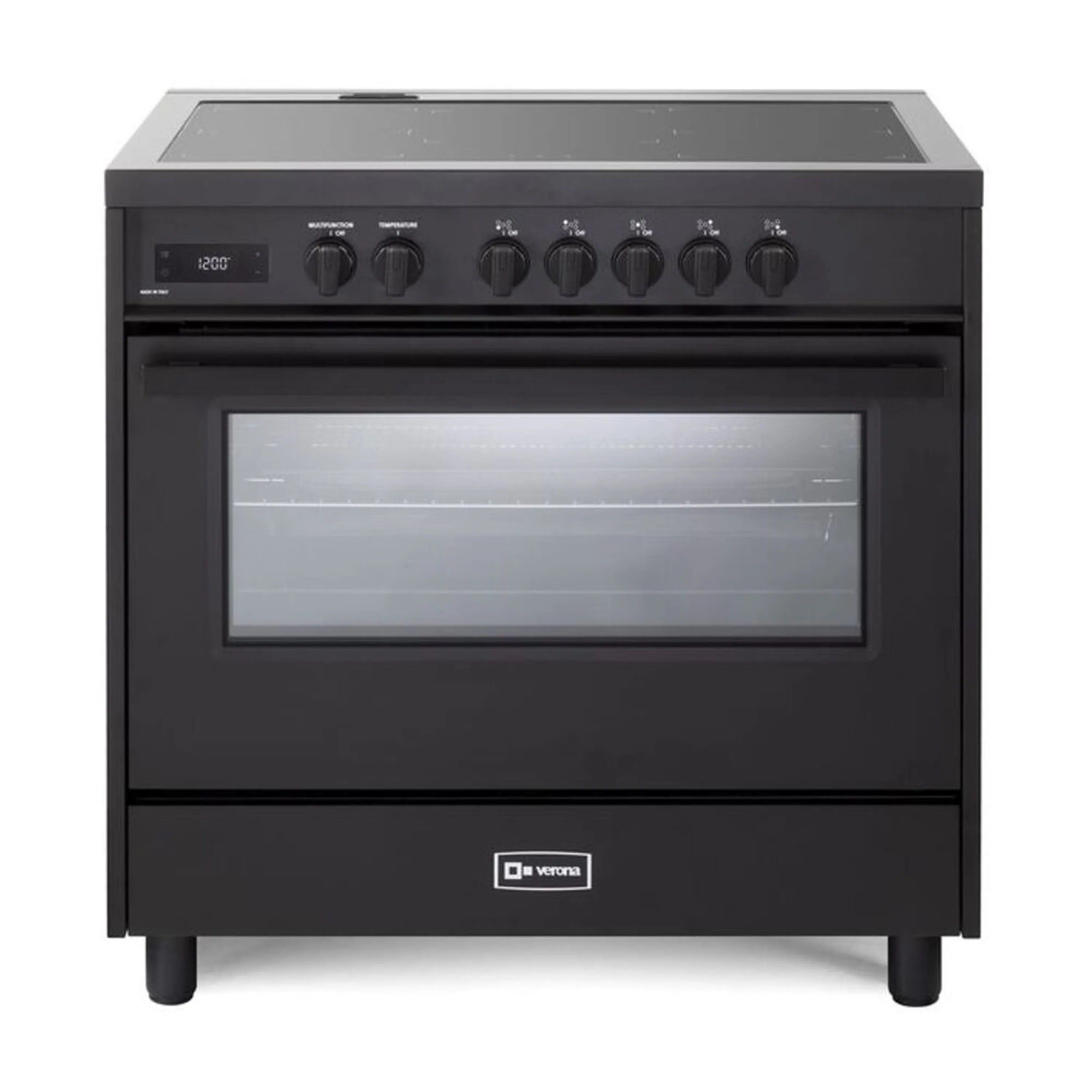 Black induction range with glass cooktop, burner knobs, and closed oven door