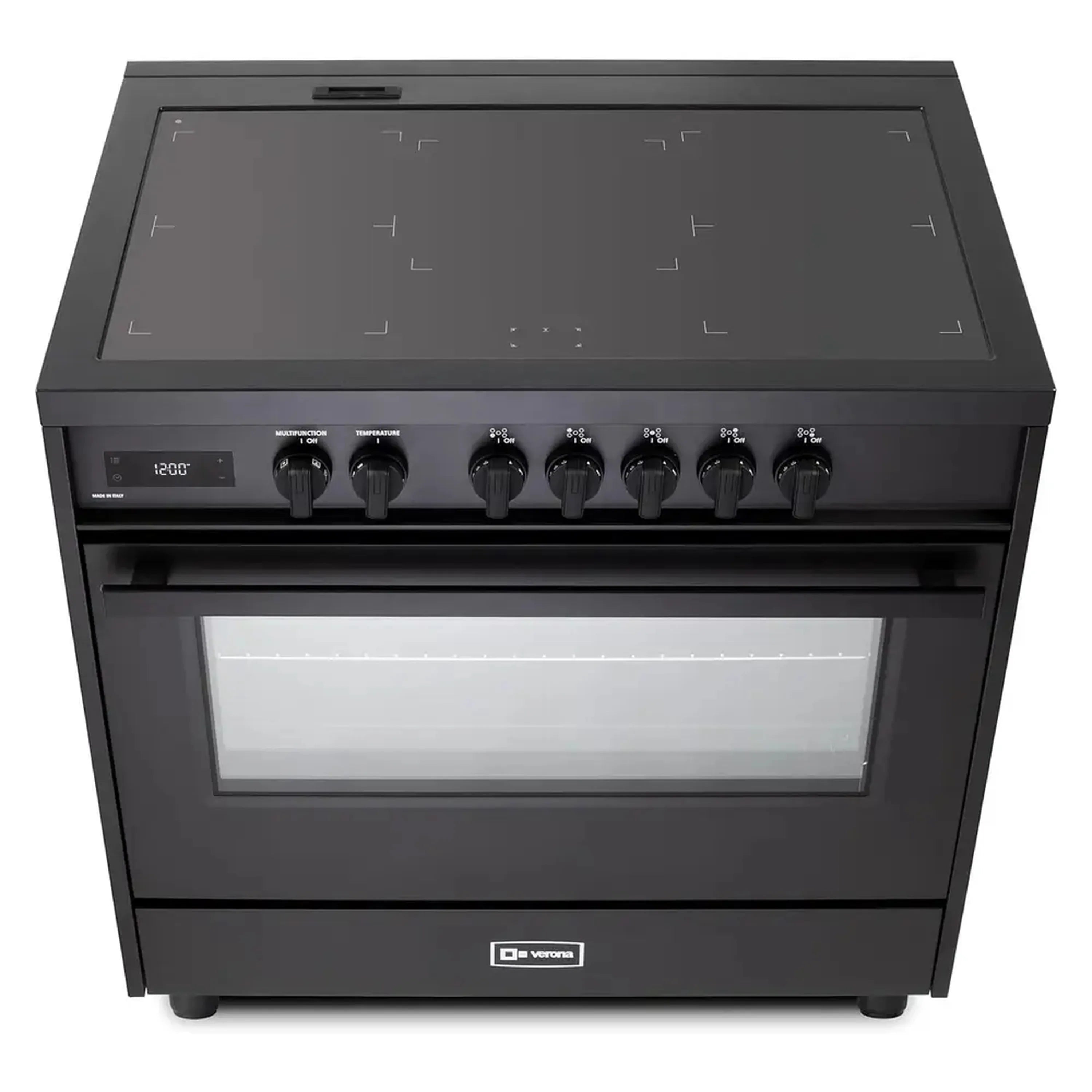 Black induction range front with cooktop touch panel icons and oven window