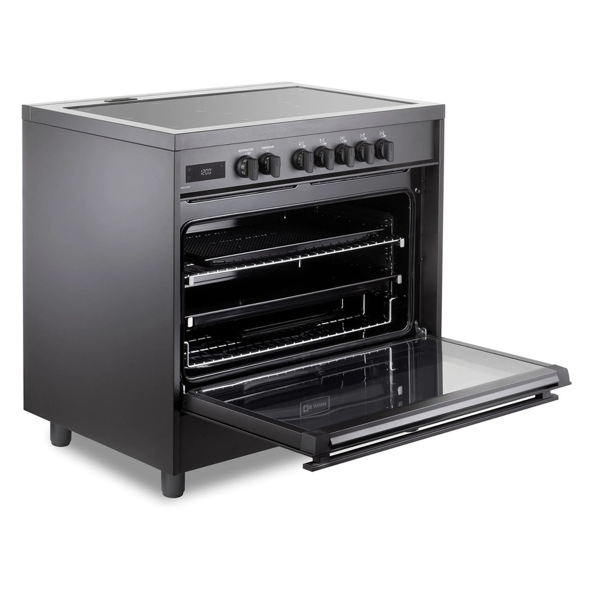Black induction range with open oven door and five cooktop control knobs