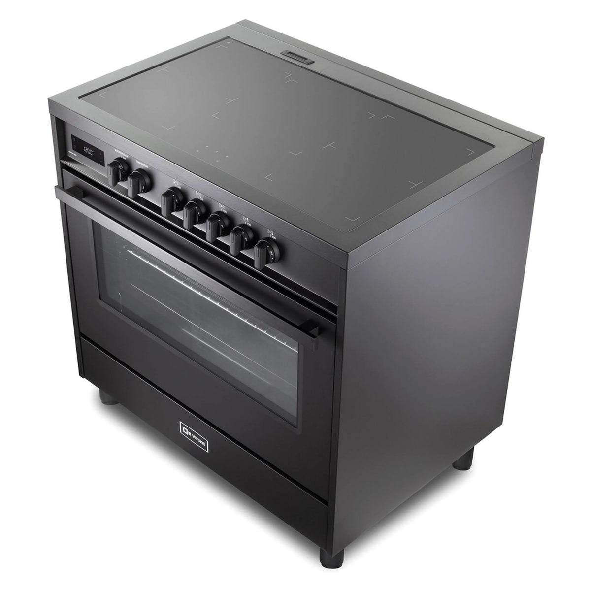 Black induction range with glass cooktop and multiple burner knobs, closed oven door