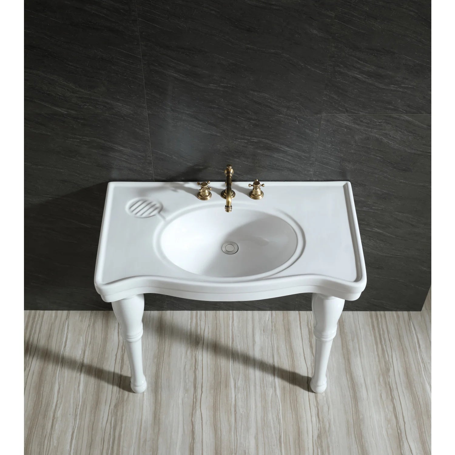 White ceramic console sink with legs, integrated soap dish, oval basin and 3-hole faucet deck