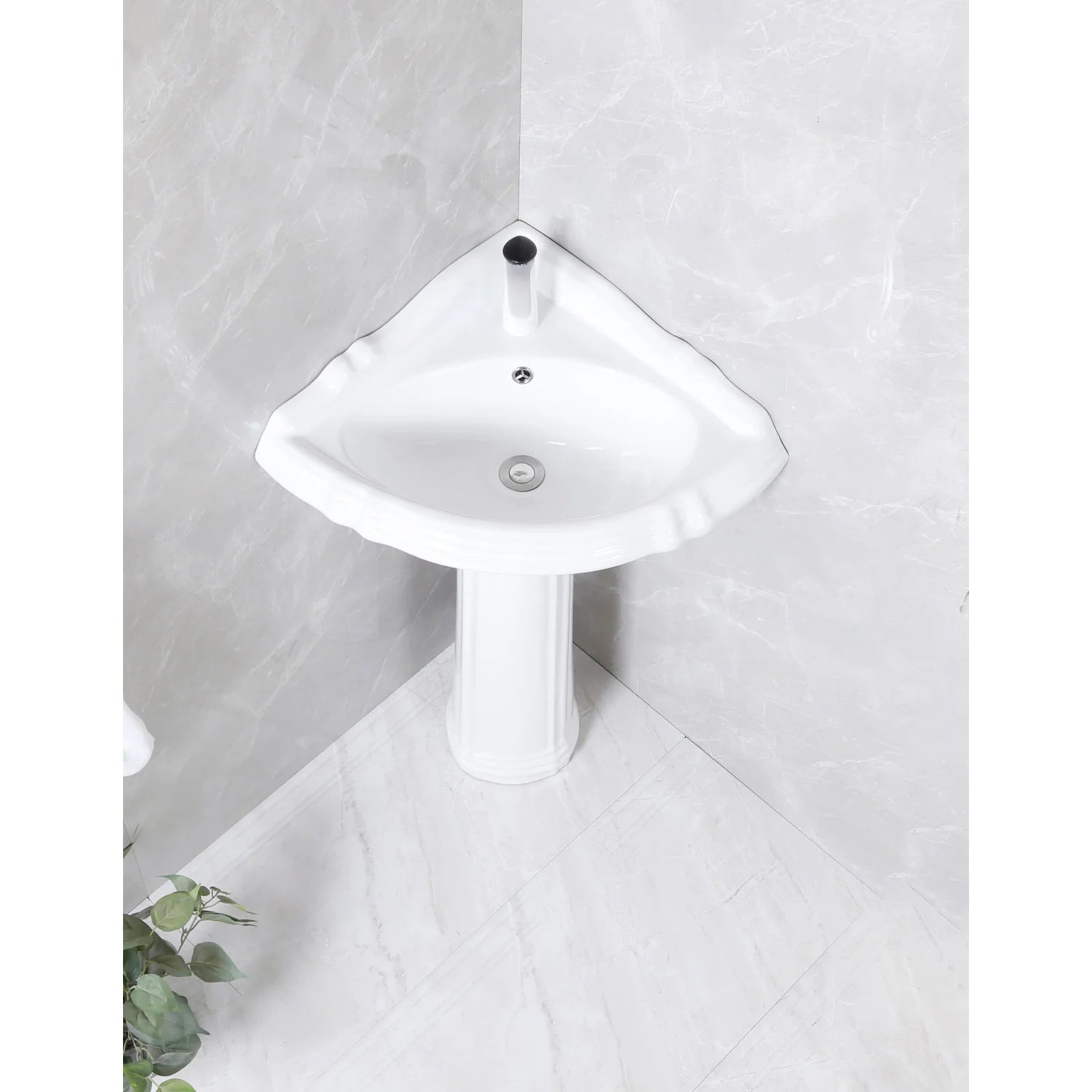 Glossy white ceramic corner pedestal sink top view with single-hole fixture