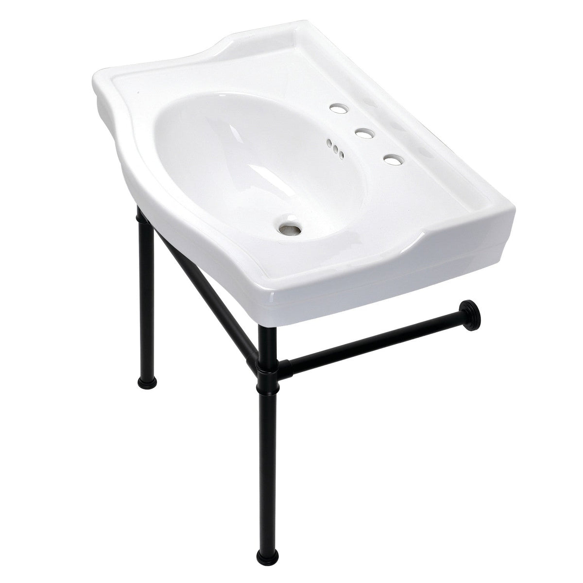 Victorian 30" Ceramic Console Sink with Stainless Steel Legs (8-Inch, 3-Hole) in White/Matte Black