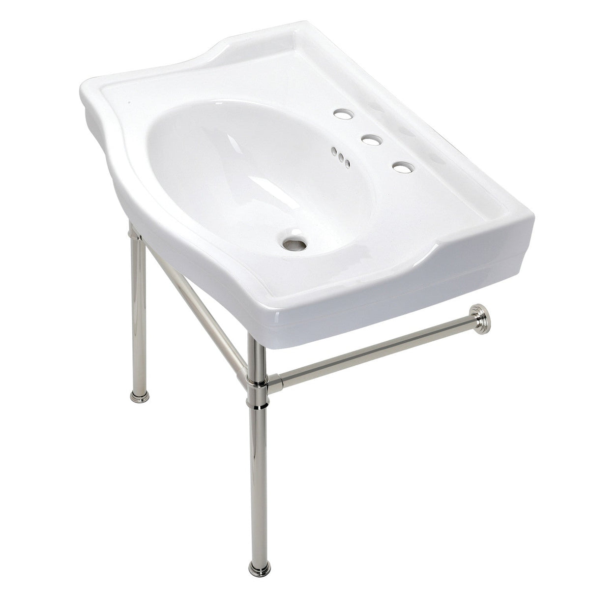 Victorian 30" Ceramic Console Sink with Stainless Steel Legs (8-Inch, 3-Hole) in White/Polished Nickel