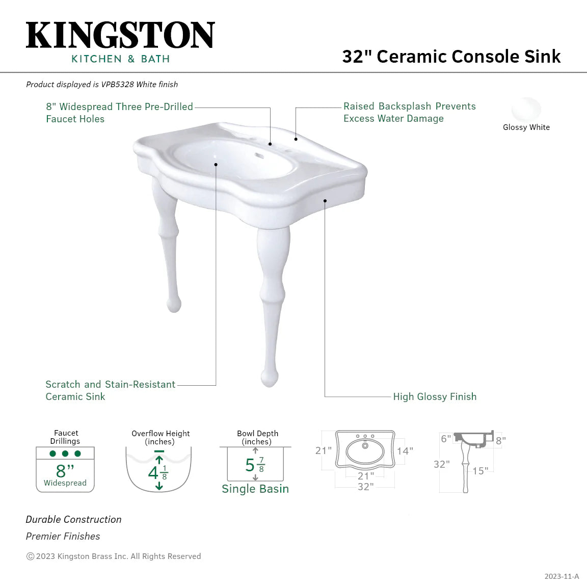 White ceramic console sink with pedestal legs, glossy single basin and overflow