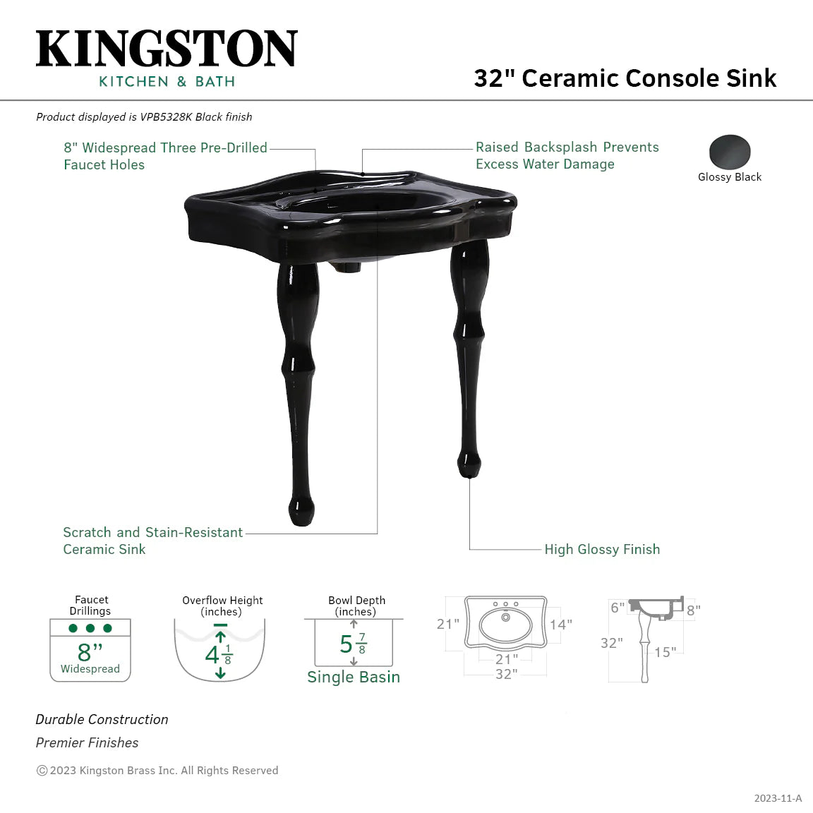 32 in black glossy ceramic console sink on 4 pedestal legs, single basin