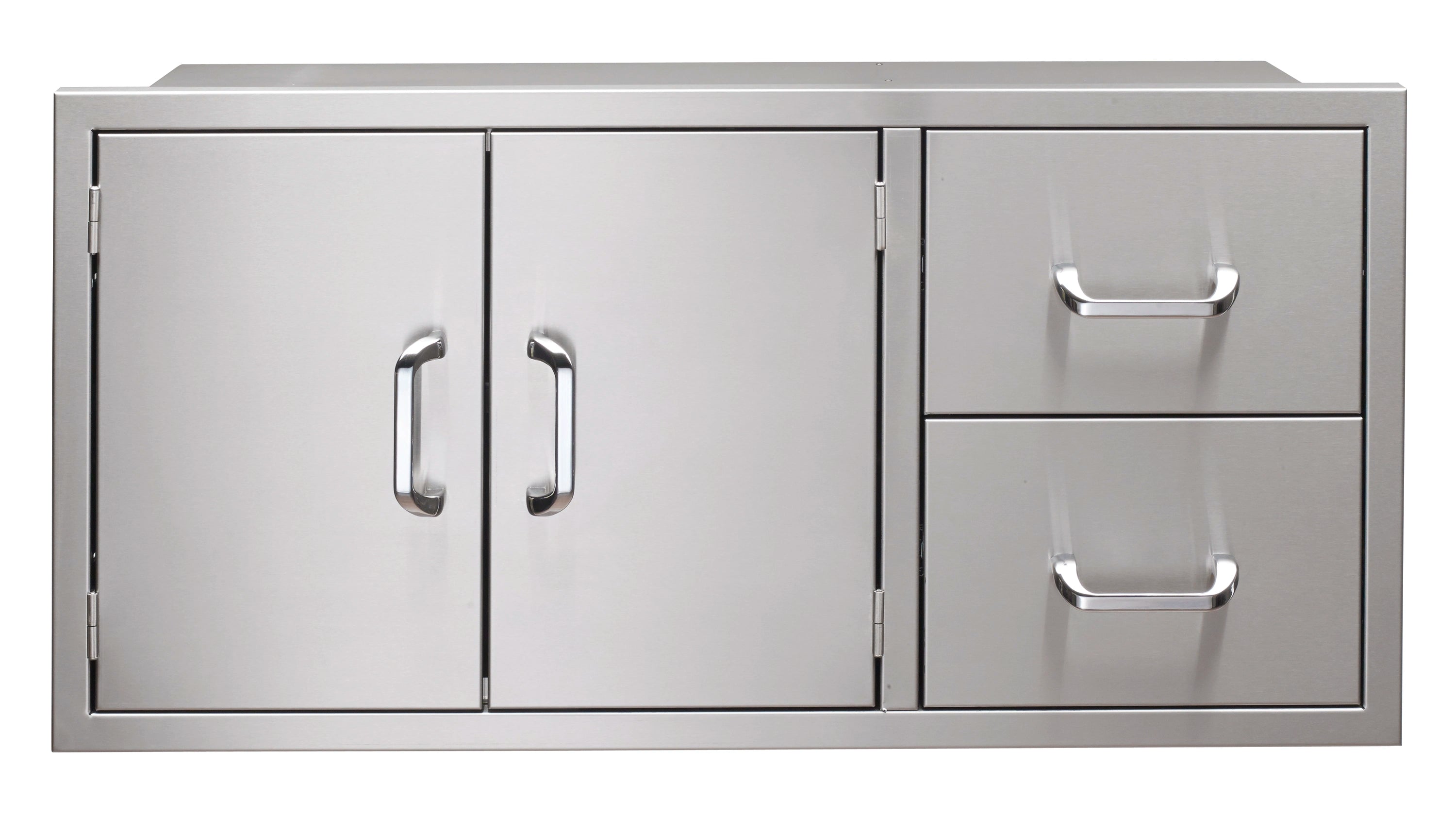 Stainless steel pantry door and drawer combo with two cabinet doors and two drawers