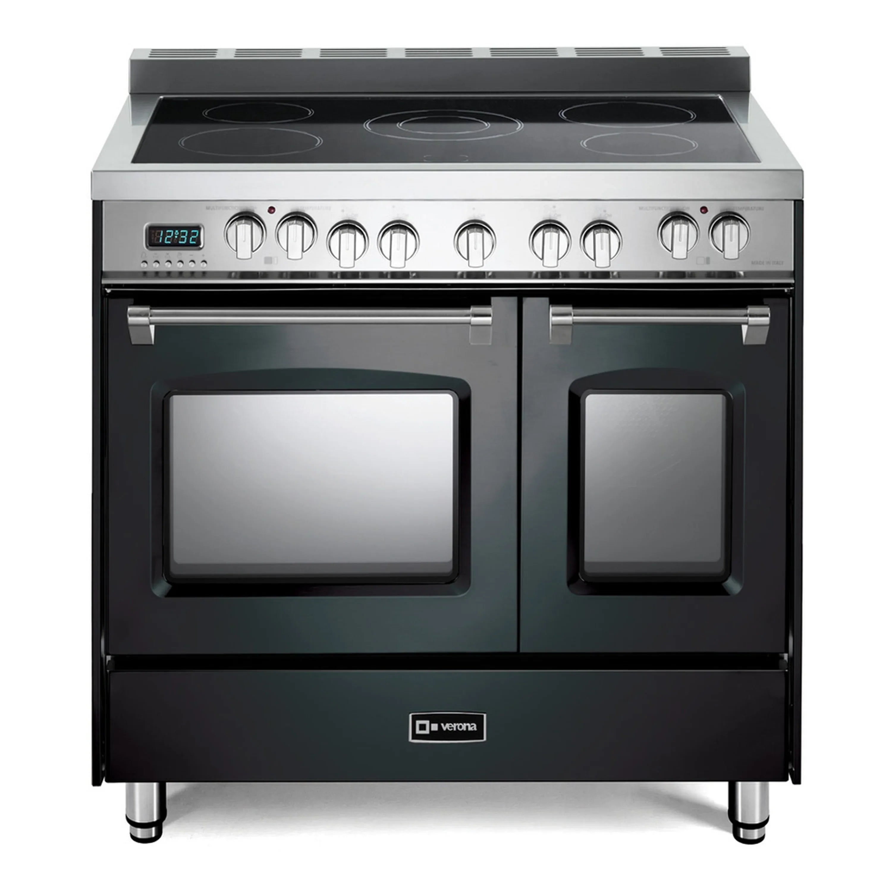 Black electric range with double ovens and six burner glass cooktop