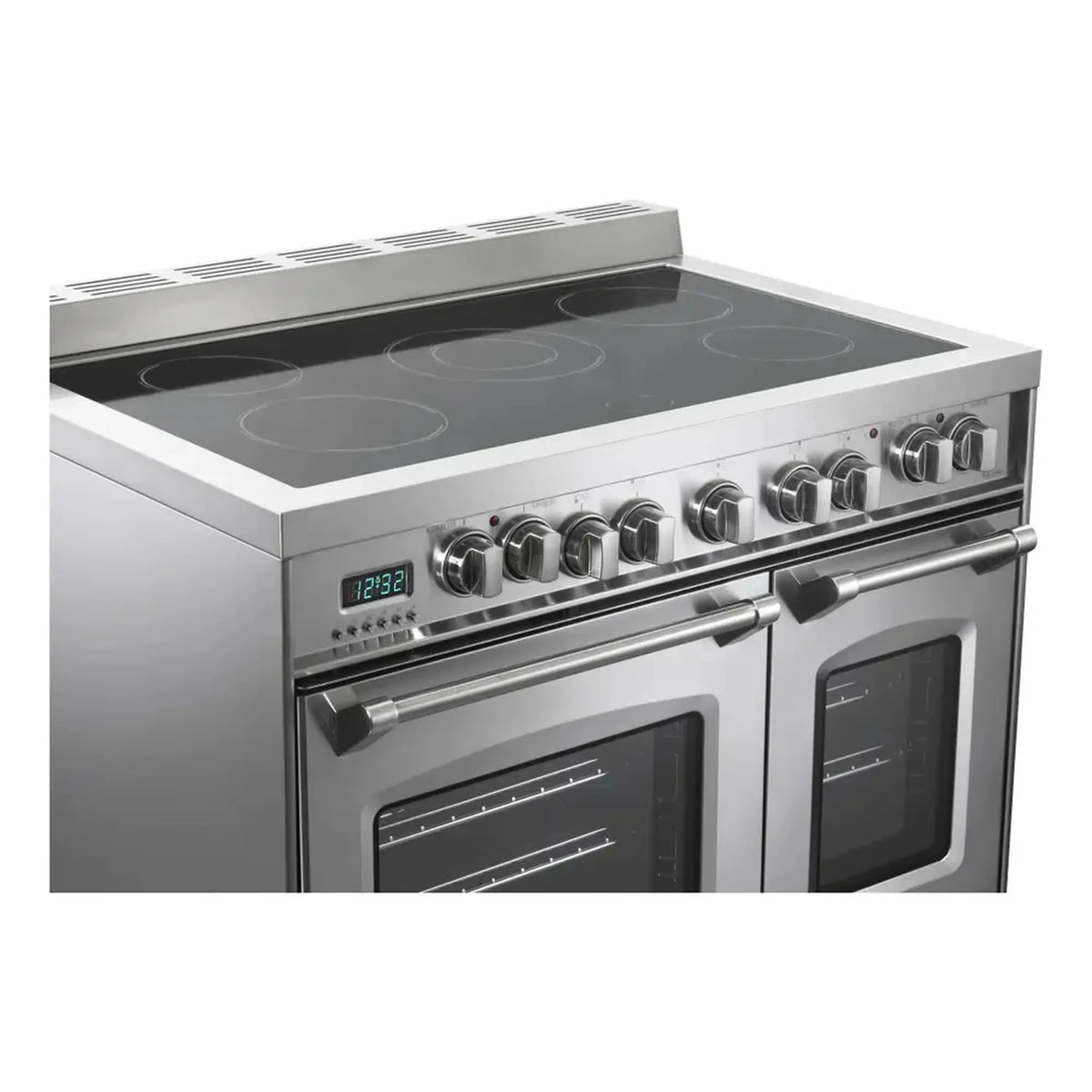 Stainless steel electric range with black glass cooktop and control knobs