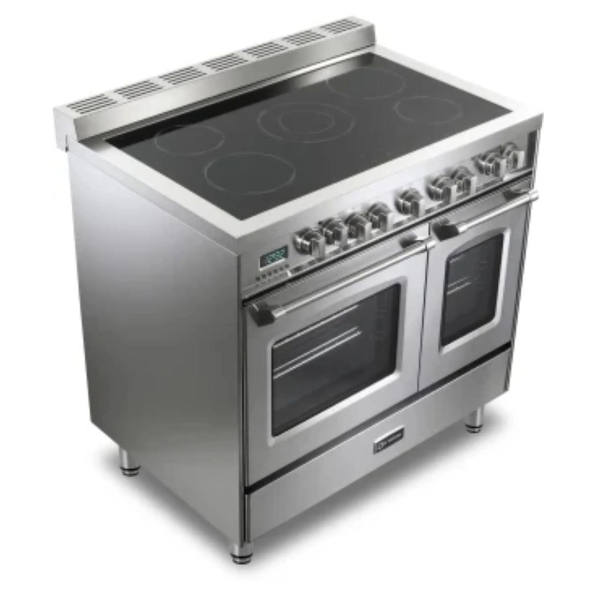 Stainless electric range with smooth cooktop and double ovens, three-quarter angle
