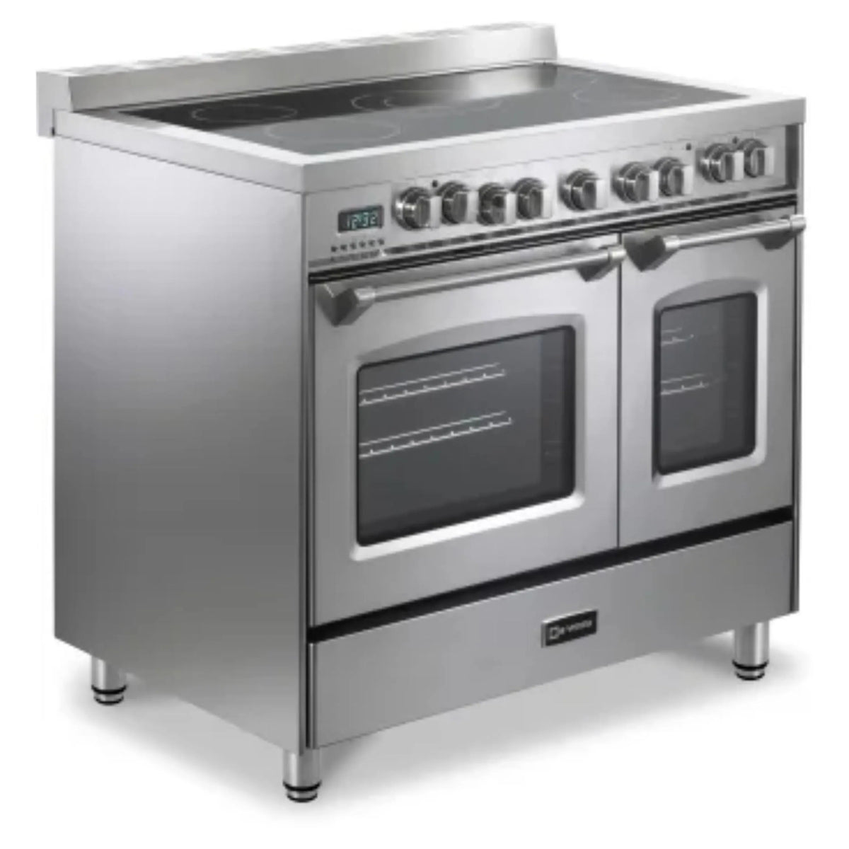 Stainless electric range with dual ovens and control knobs, front three-quarter view