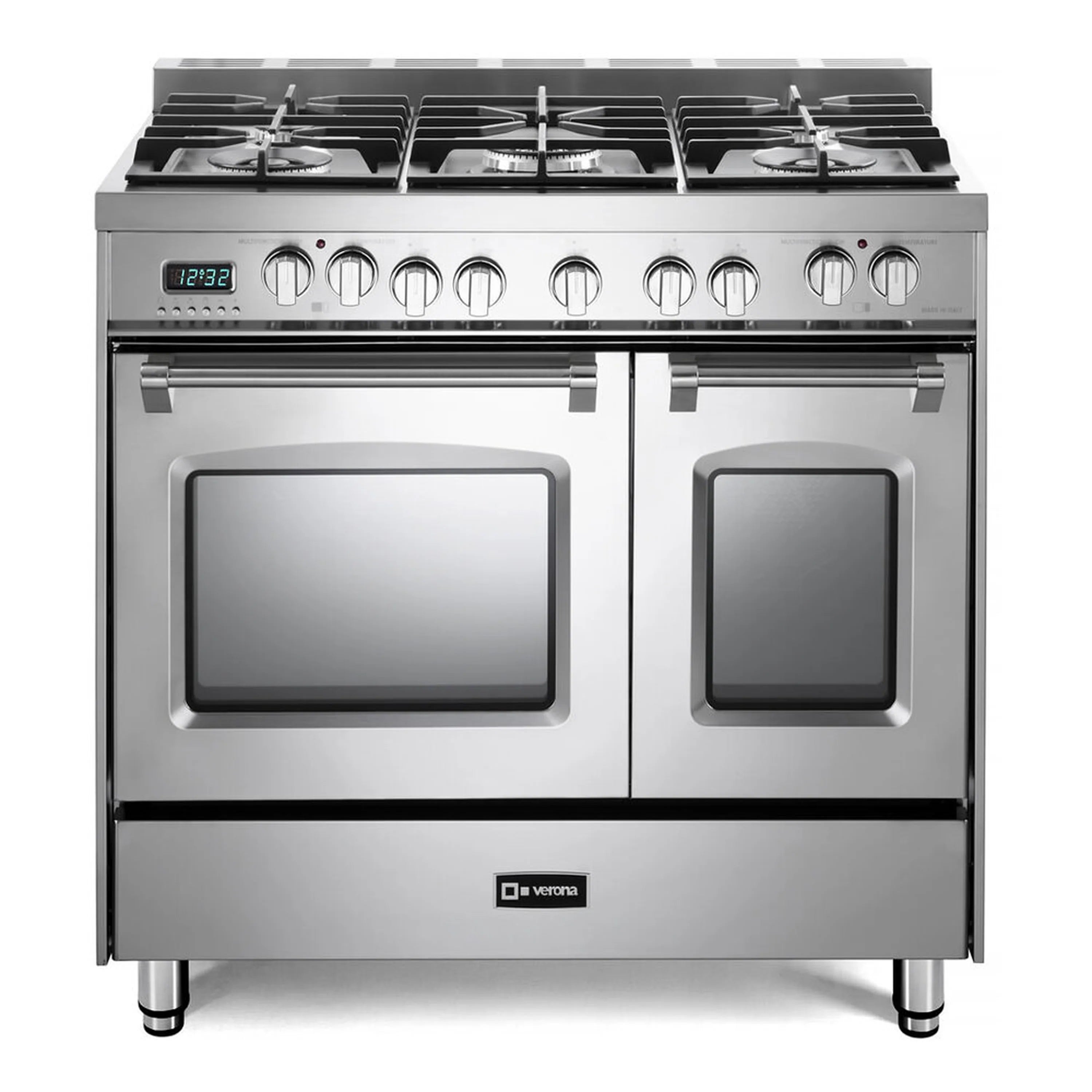 Stainless steel dual fuel range with double oven, four-burner gas cooktop, front controls