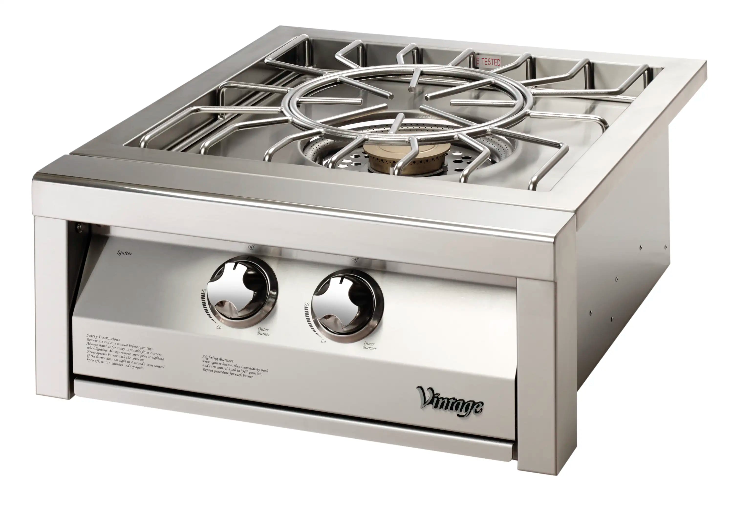 24-inch stainless gas burner with open grate, central burner ring, and two knobs