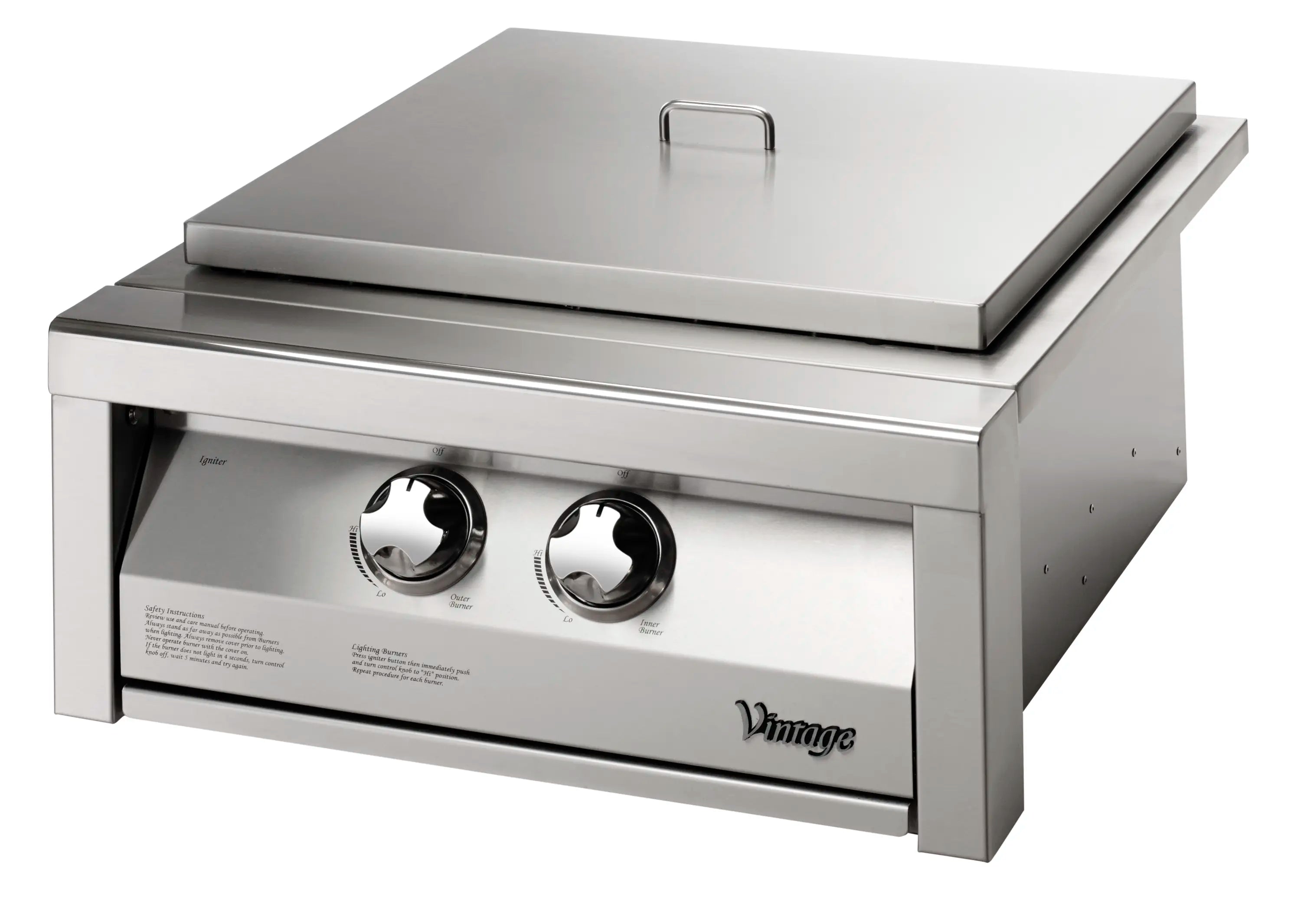 Stainless 24-inch natural gas burner with two front control knobs and closed lid