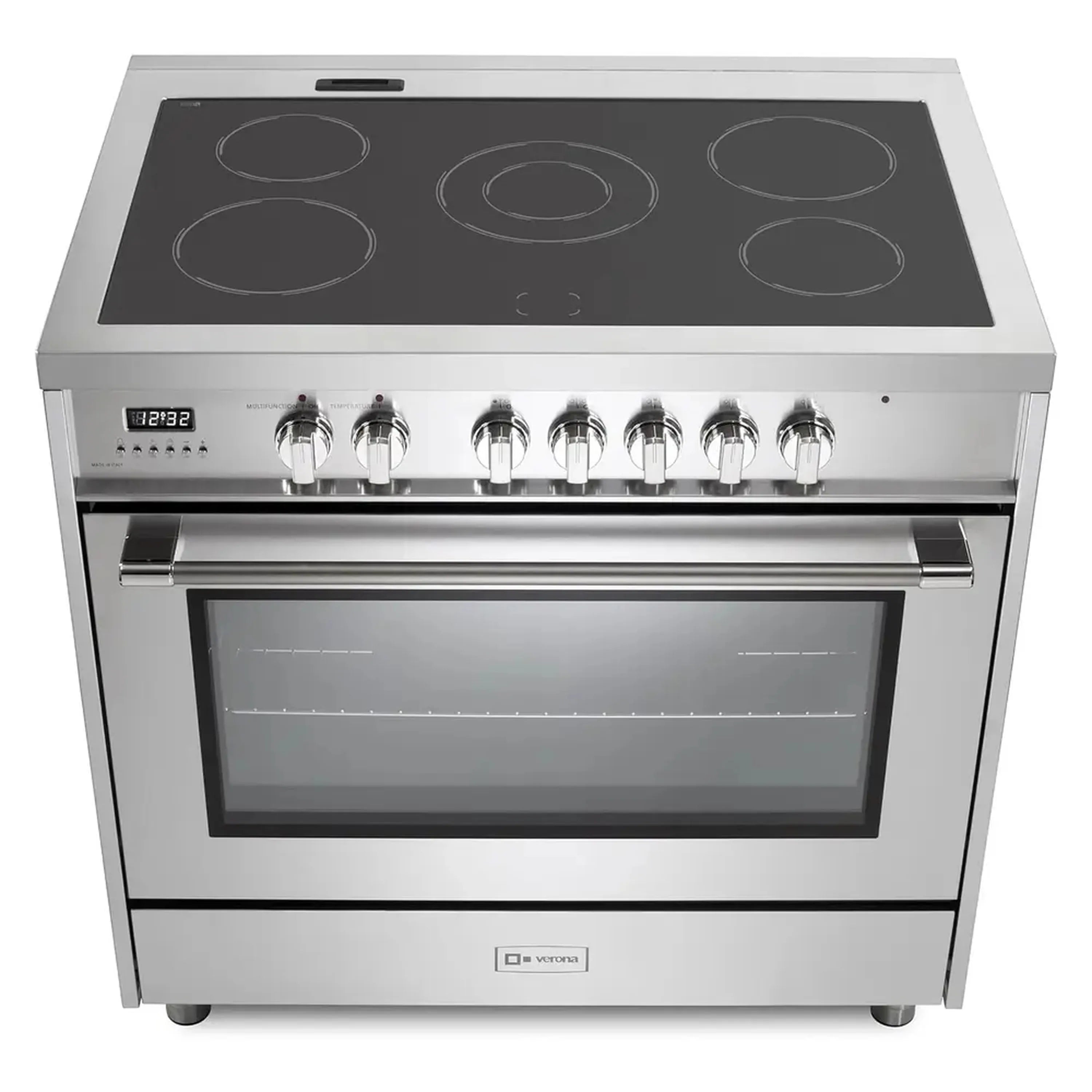 Stainless electric freestanding range with black glass cooktop and 5 coil burners