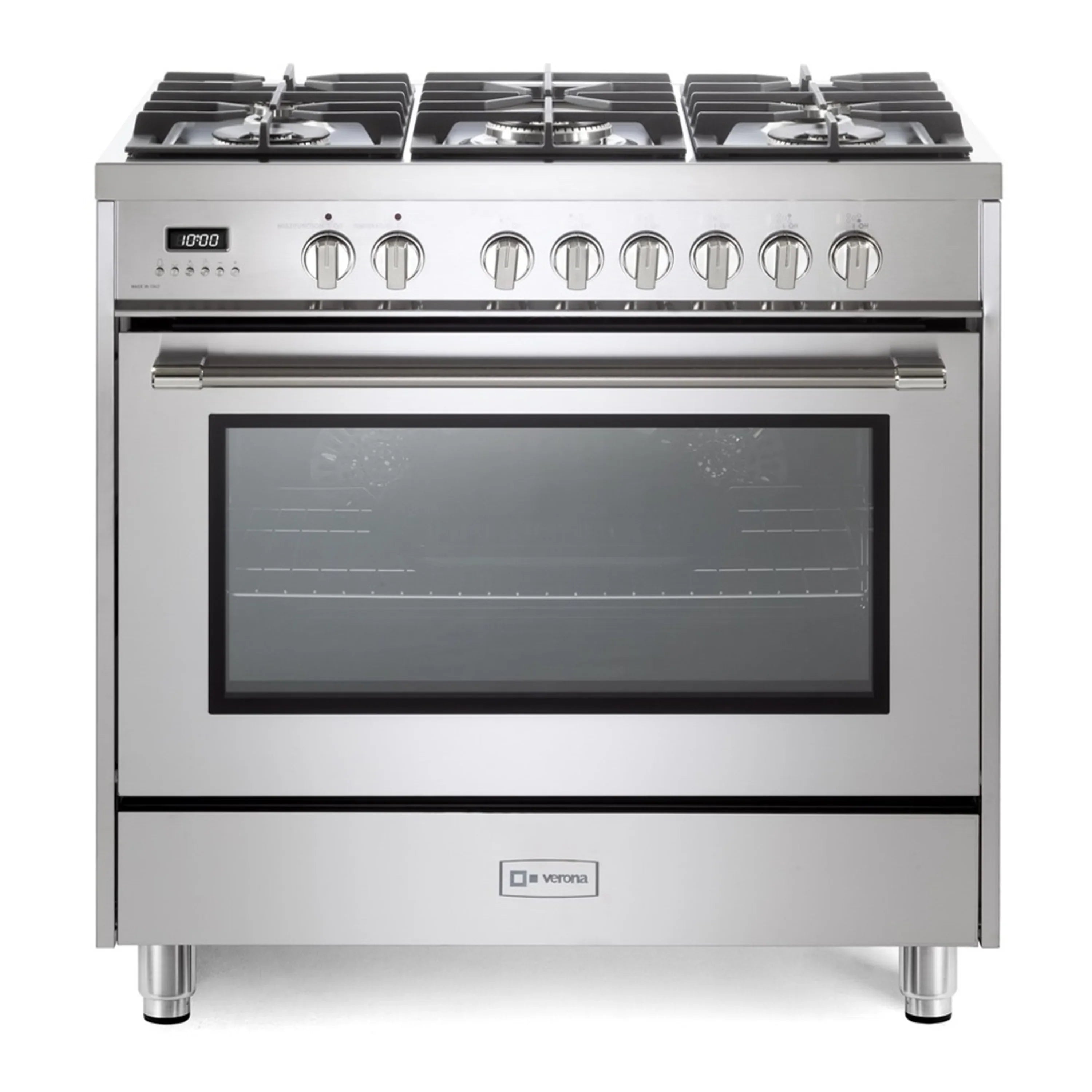 Stainless steel dual fuel range with 5 sealed burners and black window oven door