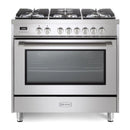 Verona 2-Piece Appliance Package - 36-Inch Dual Fuel Range with 5 Sealed Burners and Wall Mount Range Hood in Stainless Steel