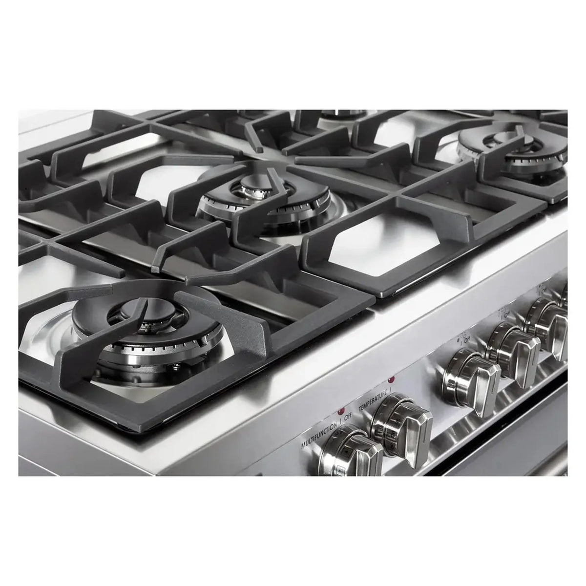 Stainless steel dual fuel range top view of 5 sealed burners and front knob controls