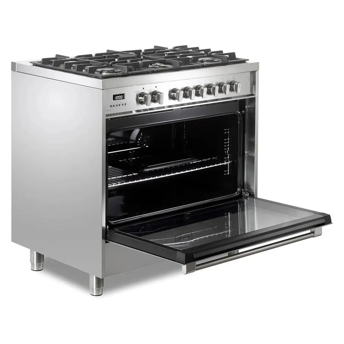 Stainless steel dual fuel range with oven door open and slide-out broiler drawer