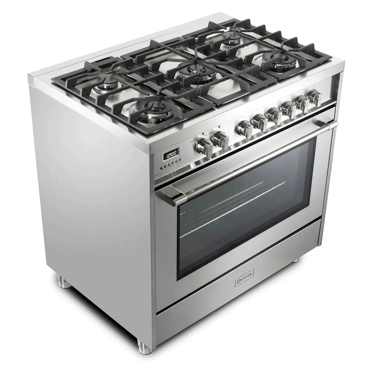 Stainless steel dual fuel range with open oven drawer and burner grates