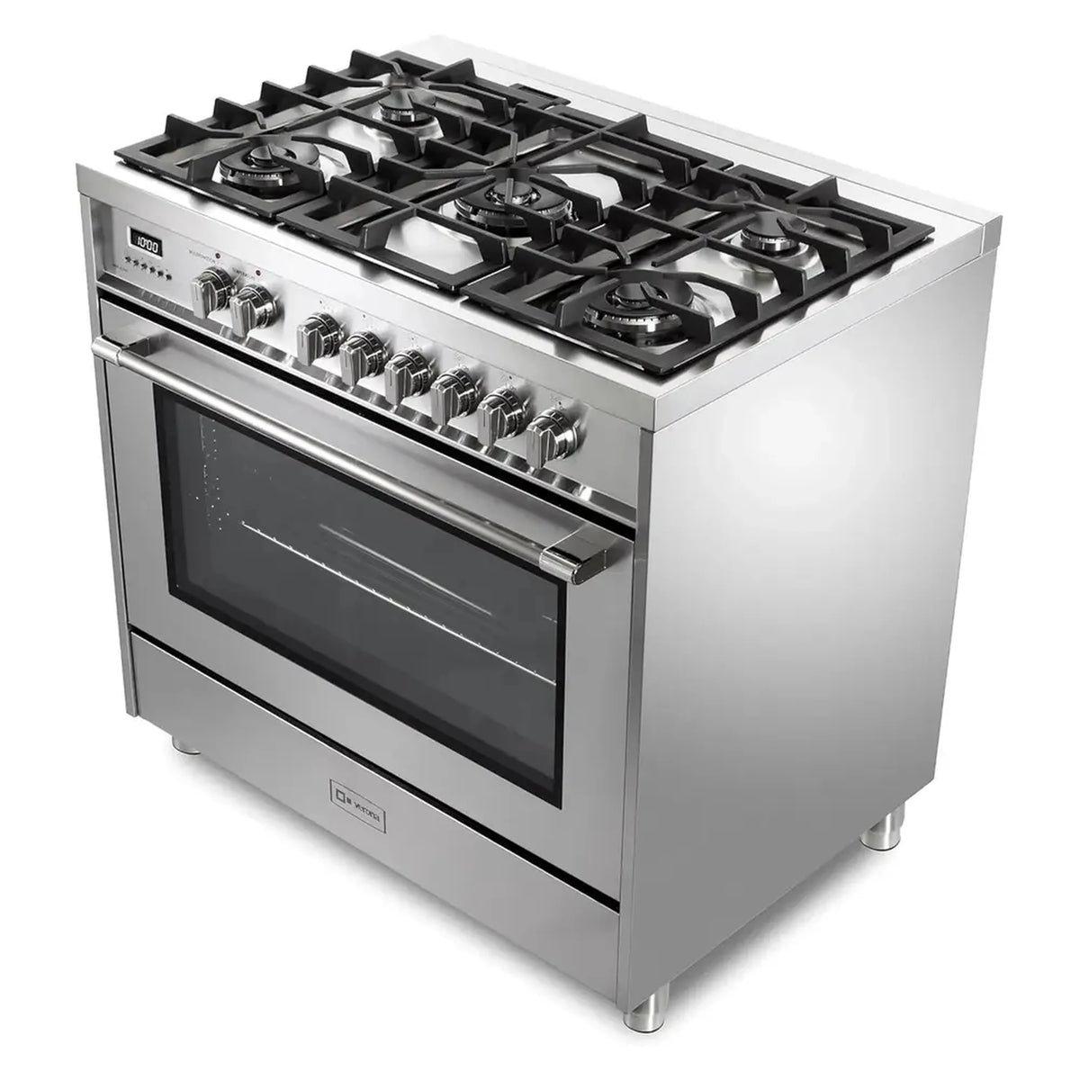 Stainless steel dual fuel range angled view with 5 sealed burners and oven window