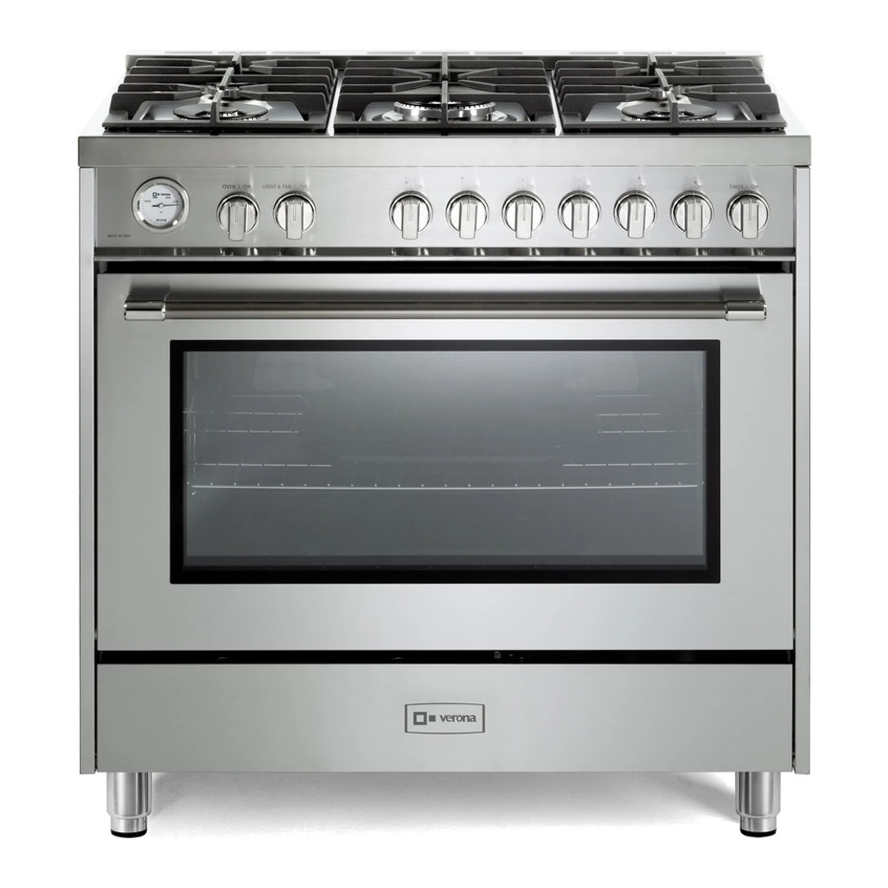 Verona freestanding gas range with stainless oven door and burner control knobs