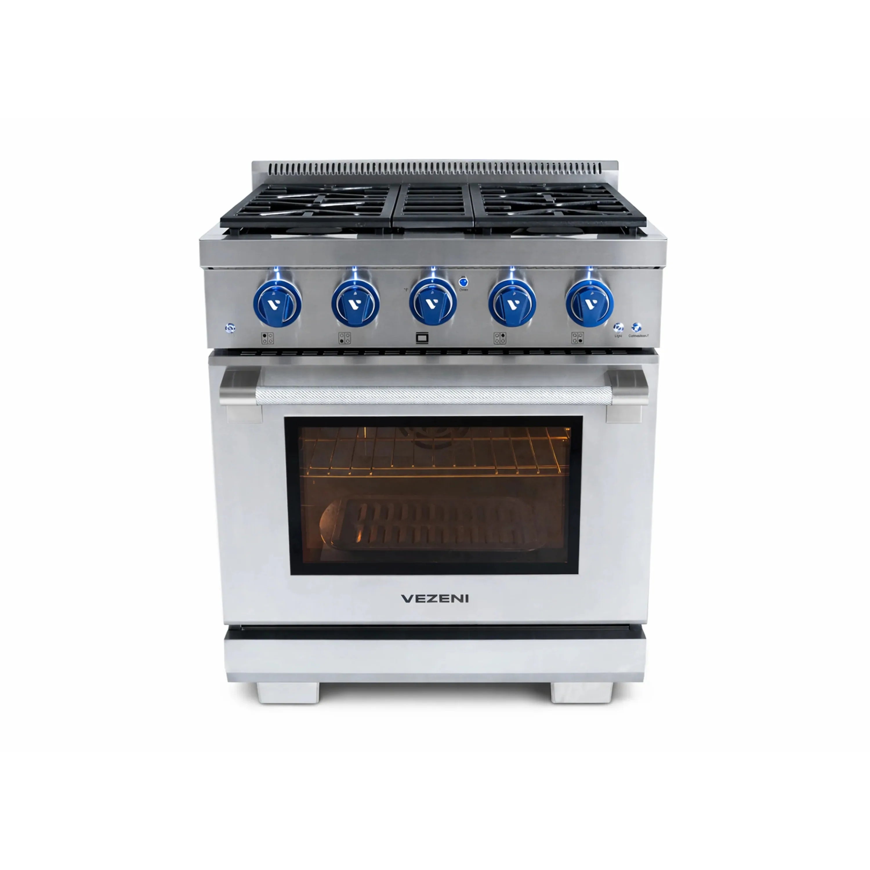 Stainless steel 30-inch gas range with blue control knobs and oven window