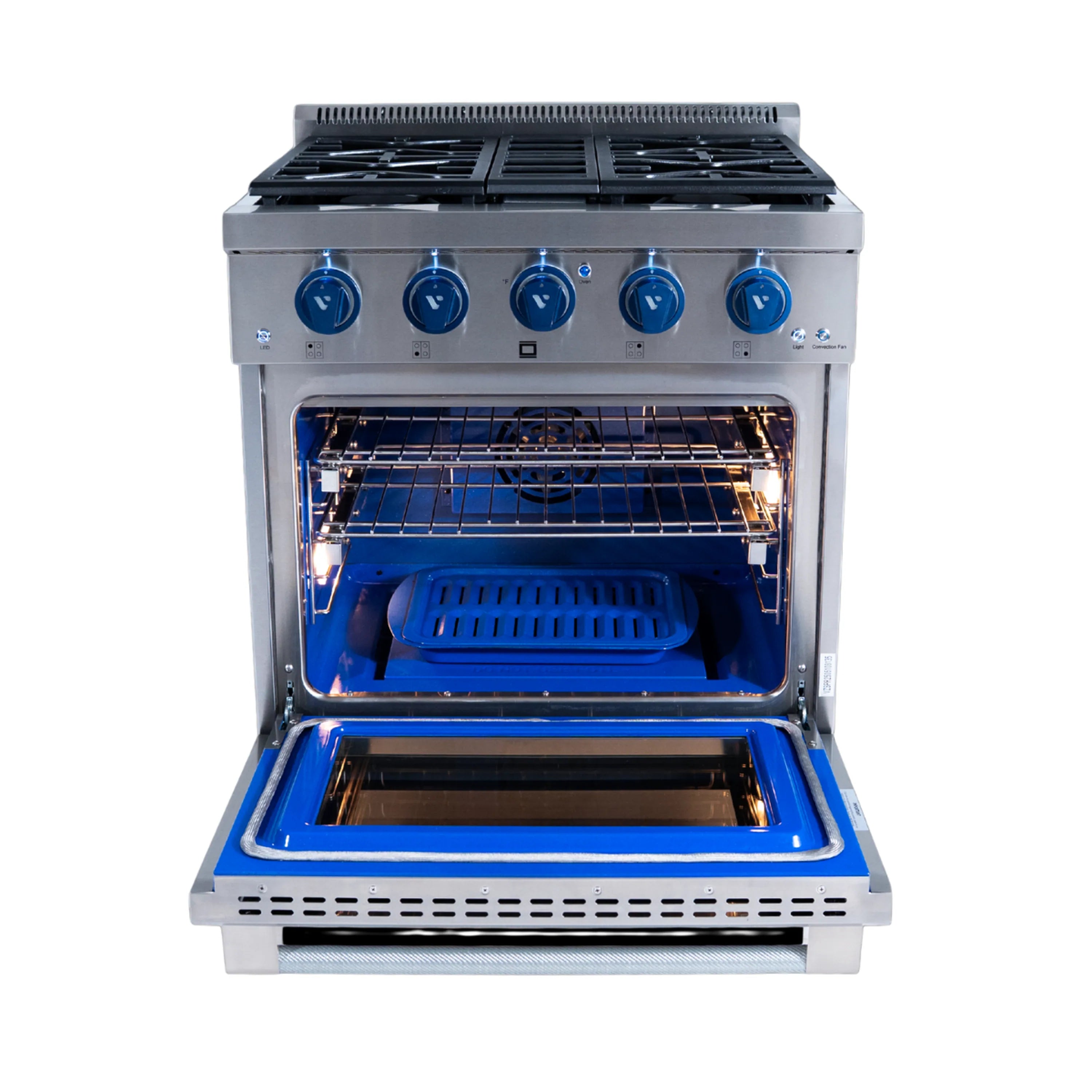 Stainless steel gas range with open oven door, blue knobs, and oven racks