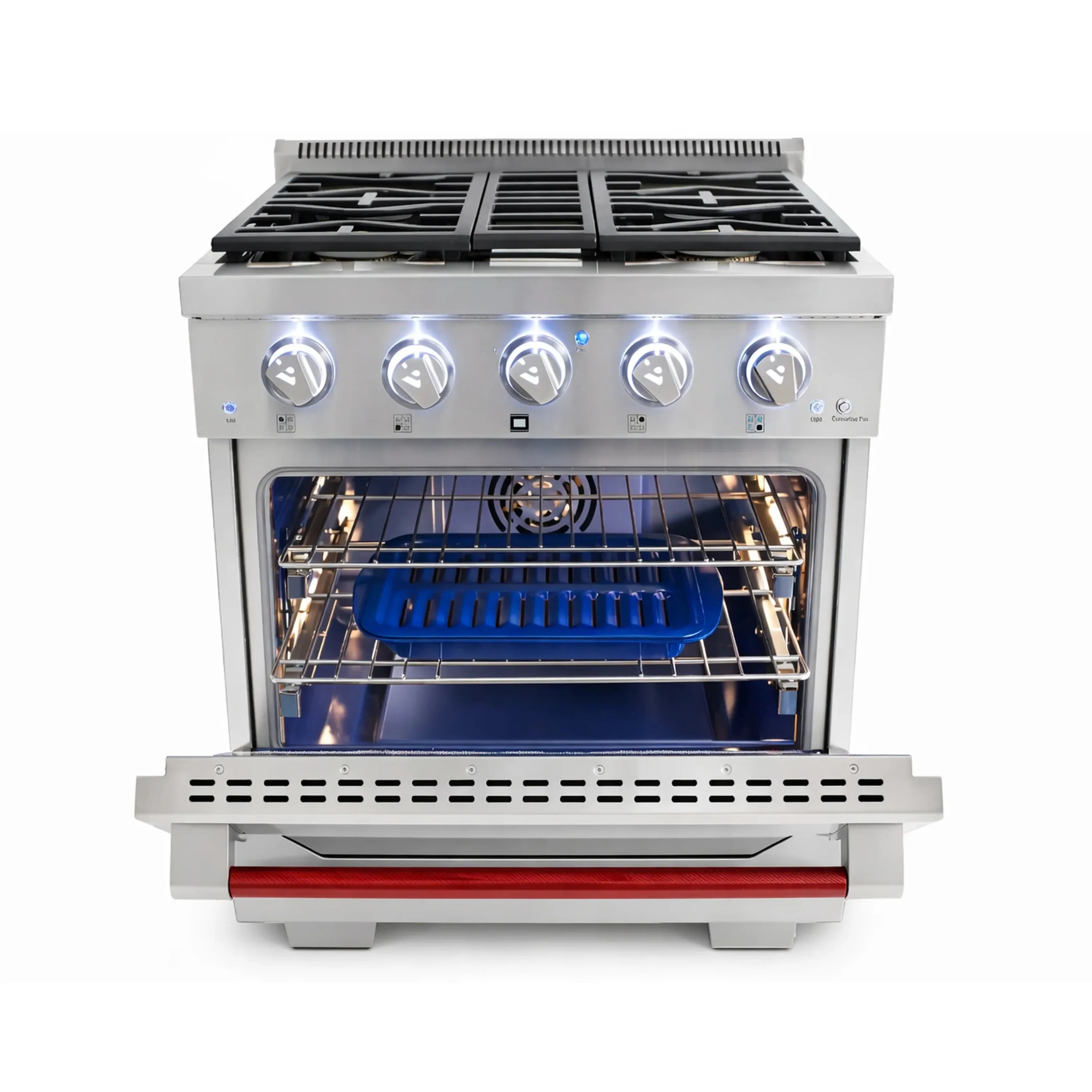 Stainless steel 30-inch gas range with open oven door and five burners