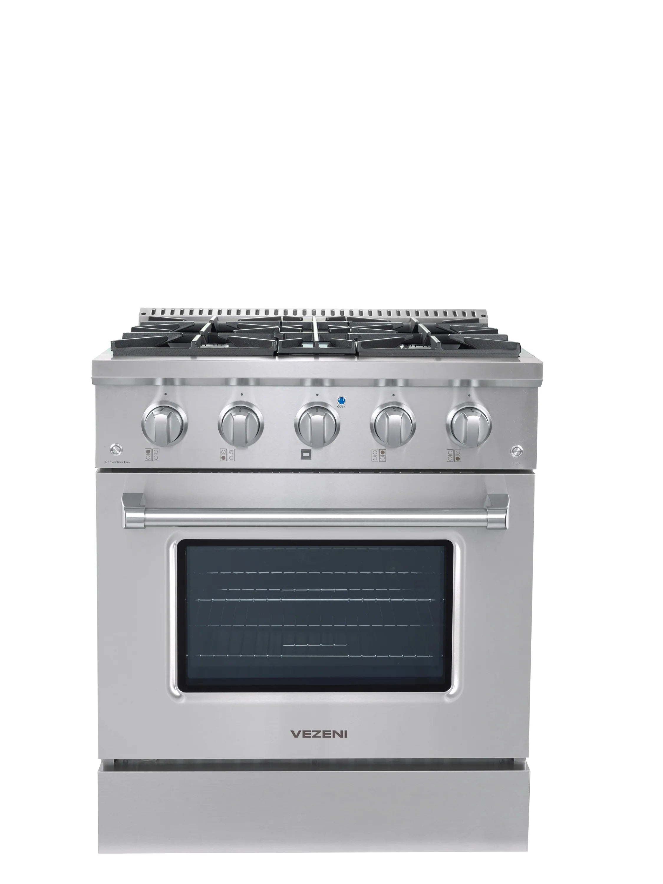 Stainless steel 30-inch gas range with six burners and oven door