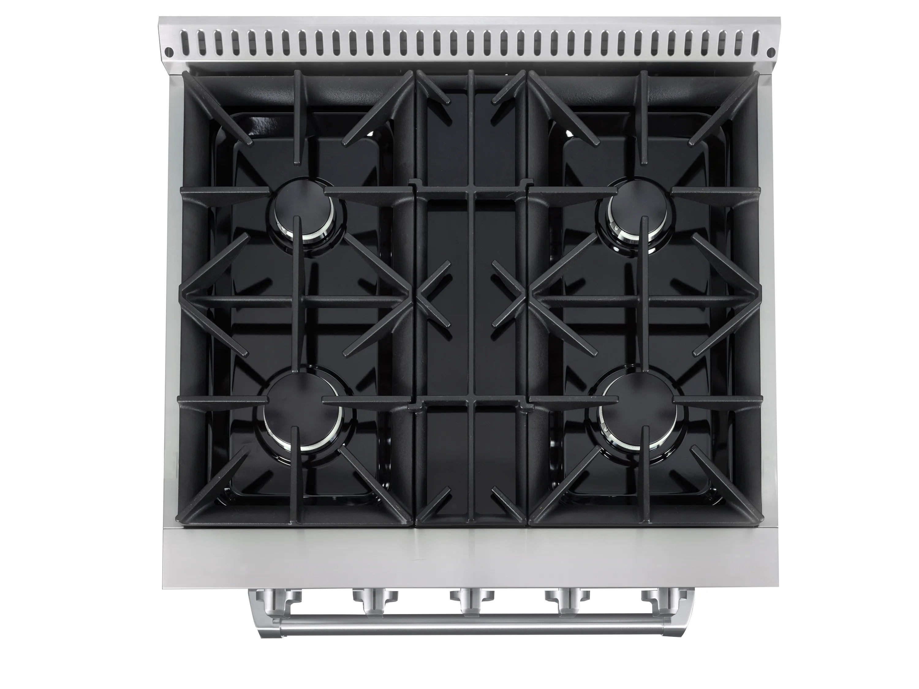 Stainless steel gas cooktop with five burners and black grates