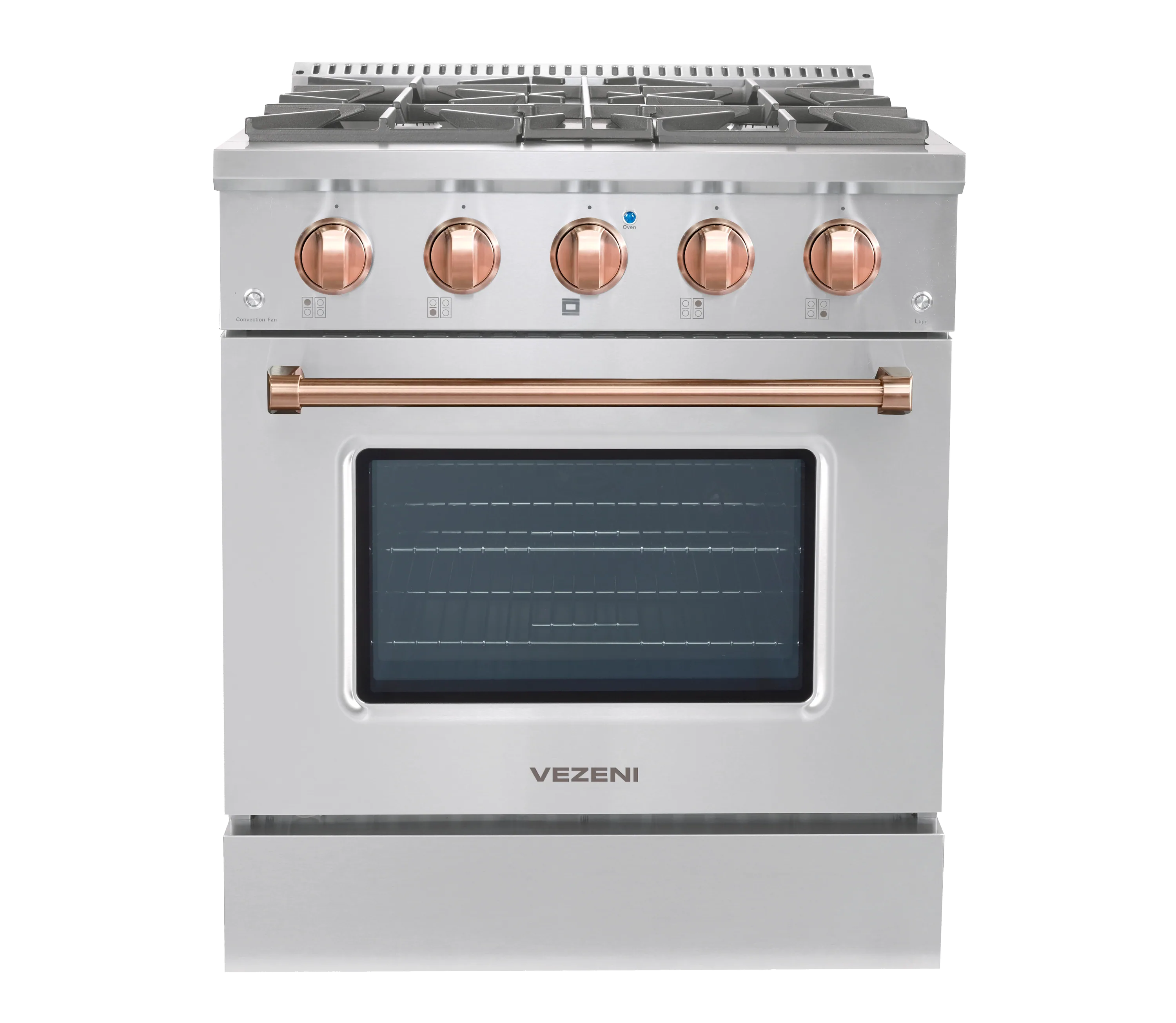 Stainless steel gas range with oven window, rose gold control knobs, and warming bar