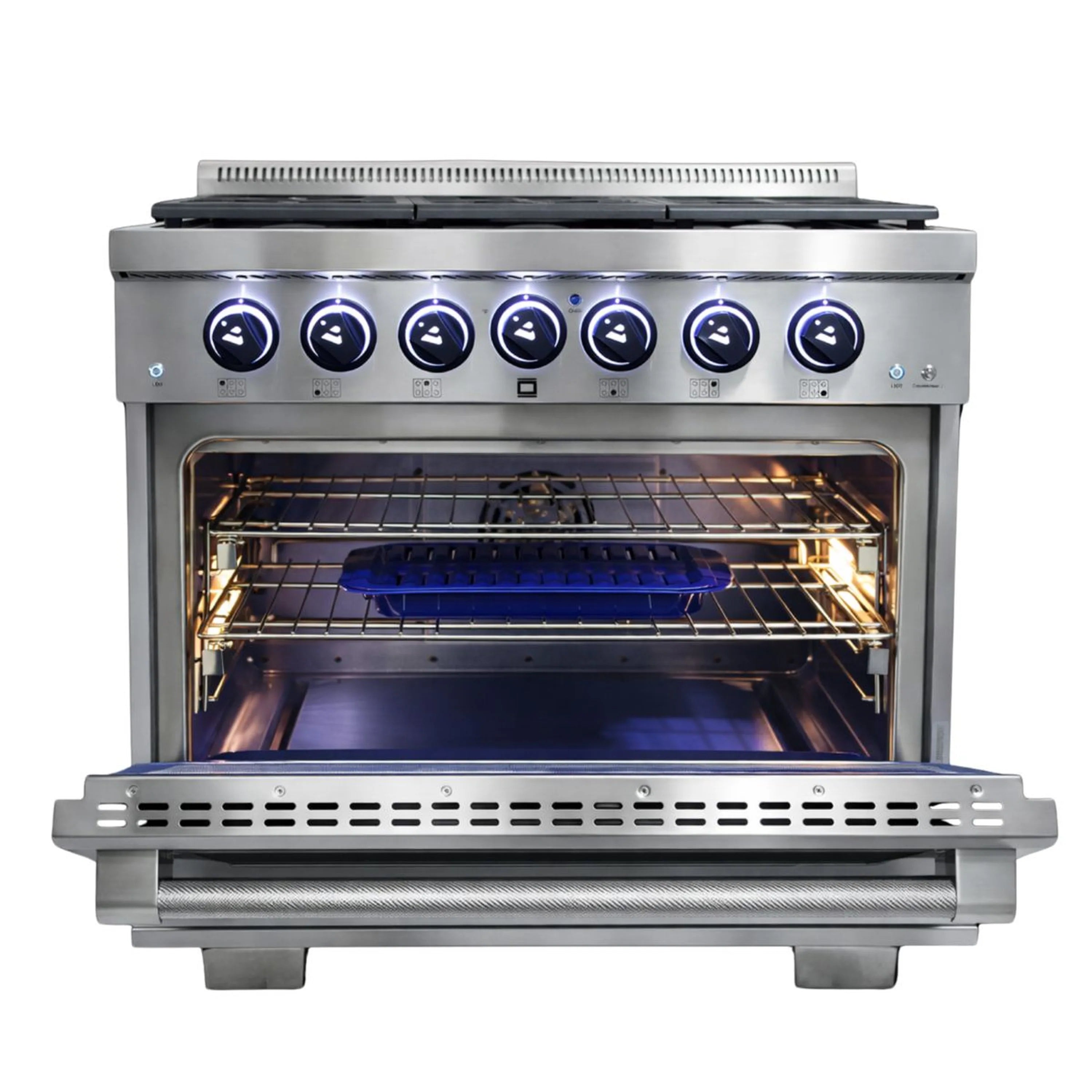 Stainless steel gas range with blue knobs and open oven door, visible racks